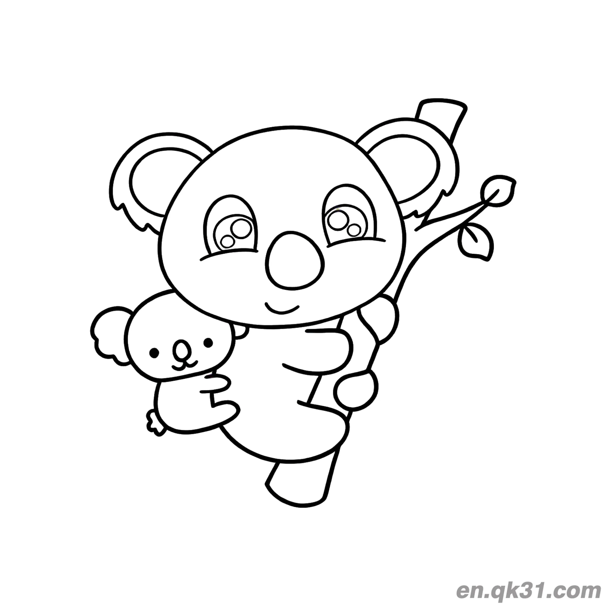 免费 考拉和宝宝抱树枝简笔画涂色页 简笔画涂色页