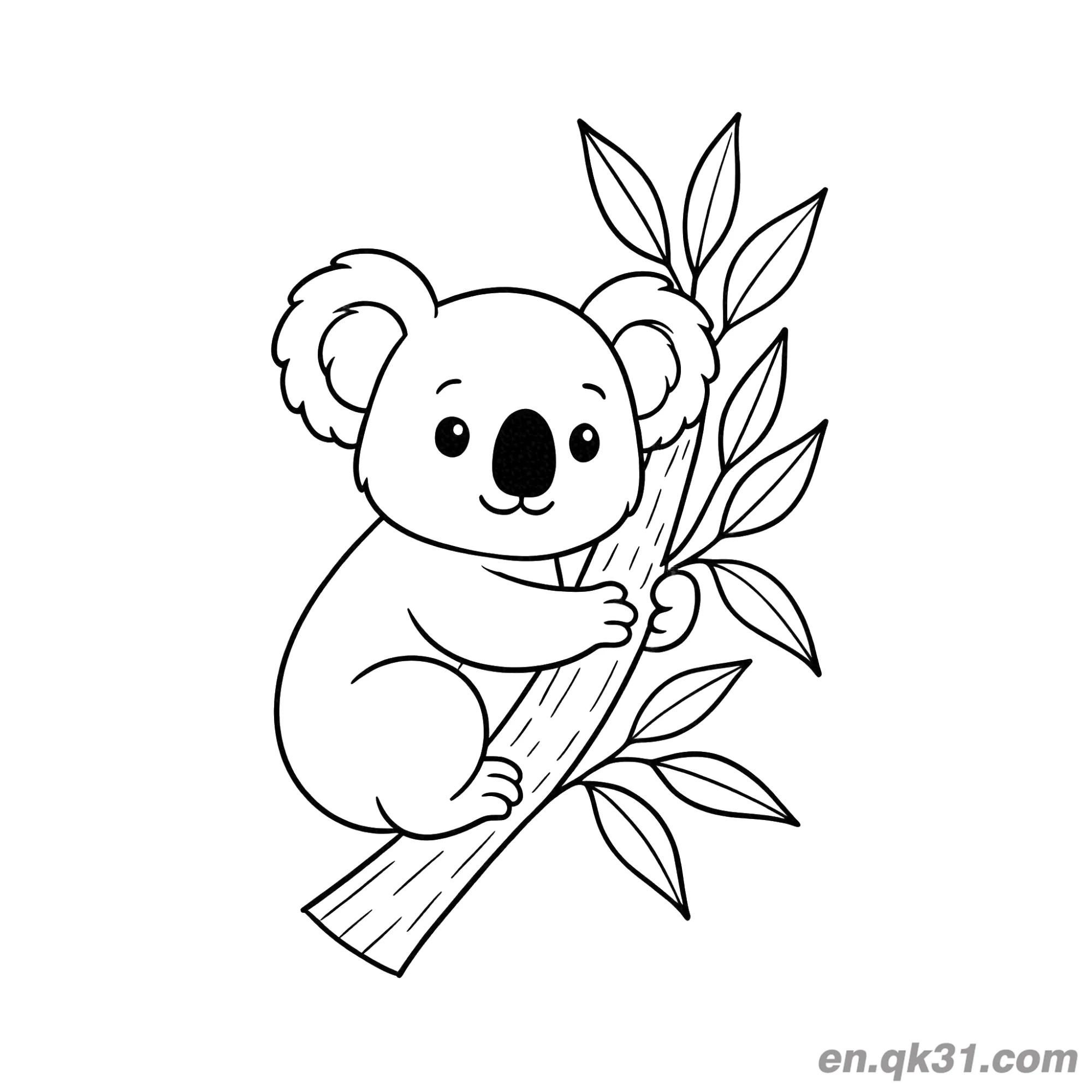 免费 微笑抱绿叶树枝的考拉简笔画涂色页 简笔画涂色页