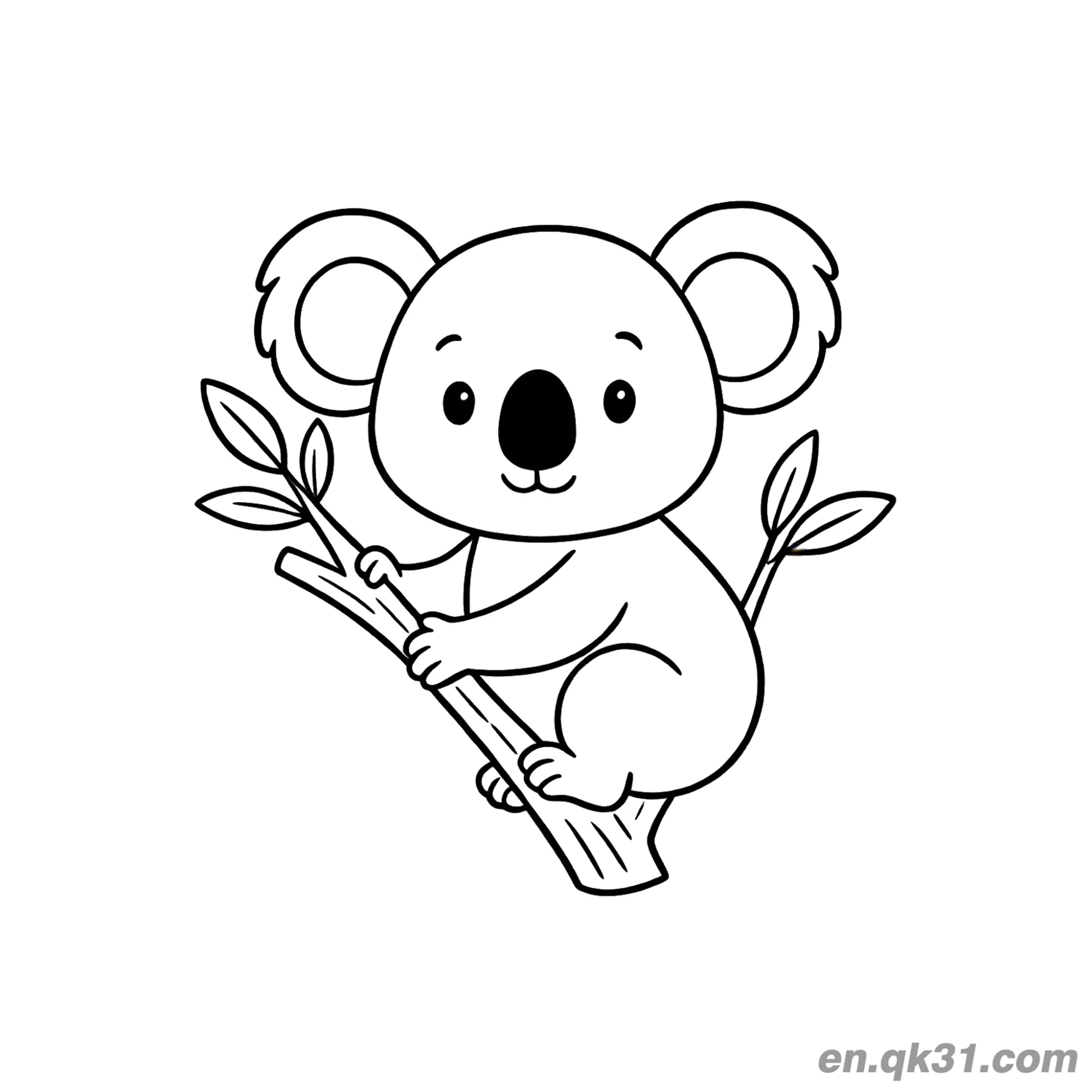 免费 微笑抱绿叶桉树枝的考拉简笔画涂色页 简笔画涂色页