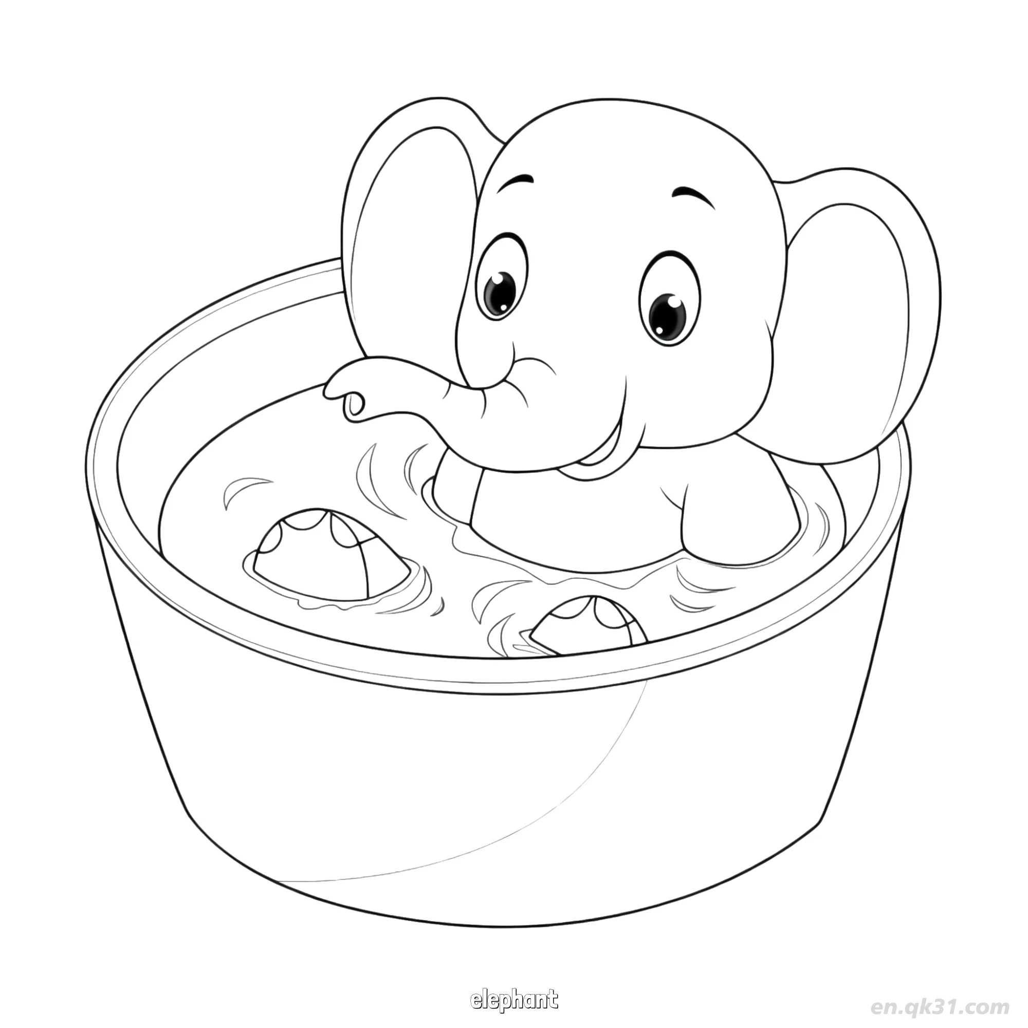 免费 小象洗澡浴盆水花涂色页 简笔画涂色页