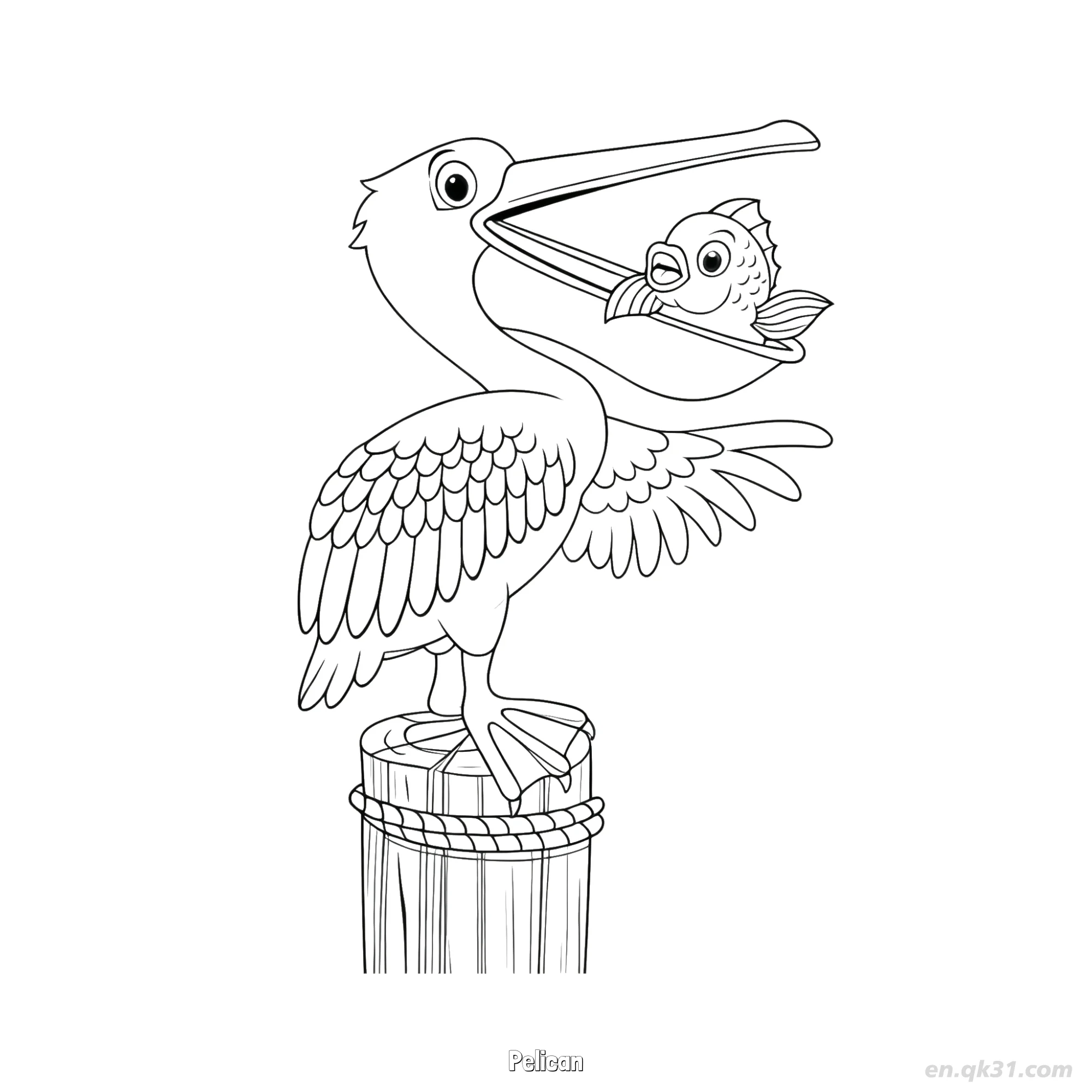 免费 木柱上带鱼鹈鹕涂色页 简笔画涂色页