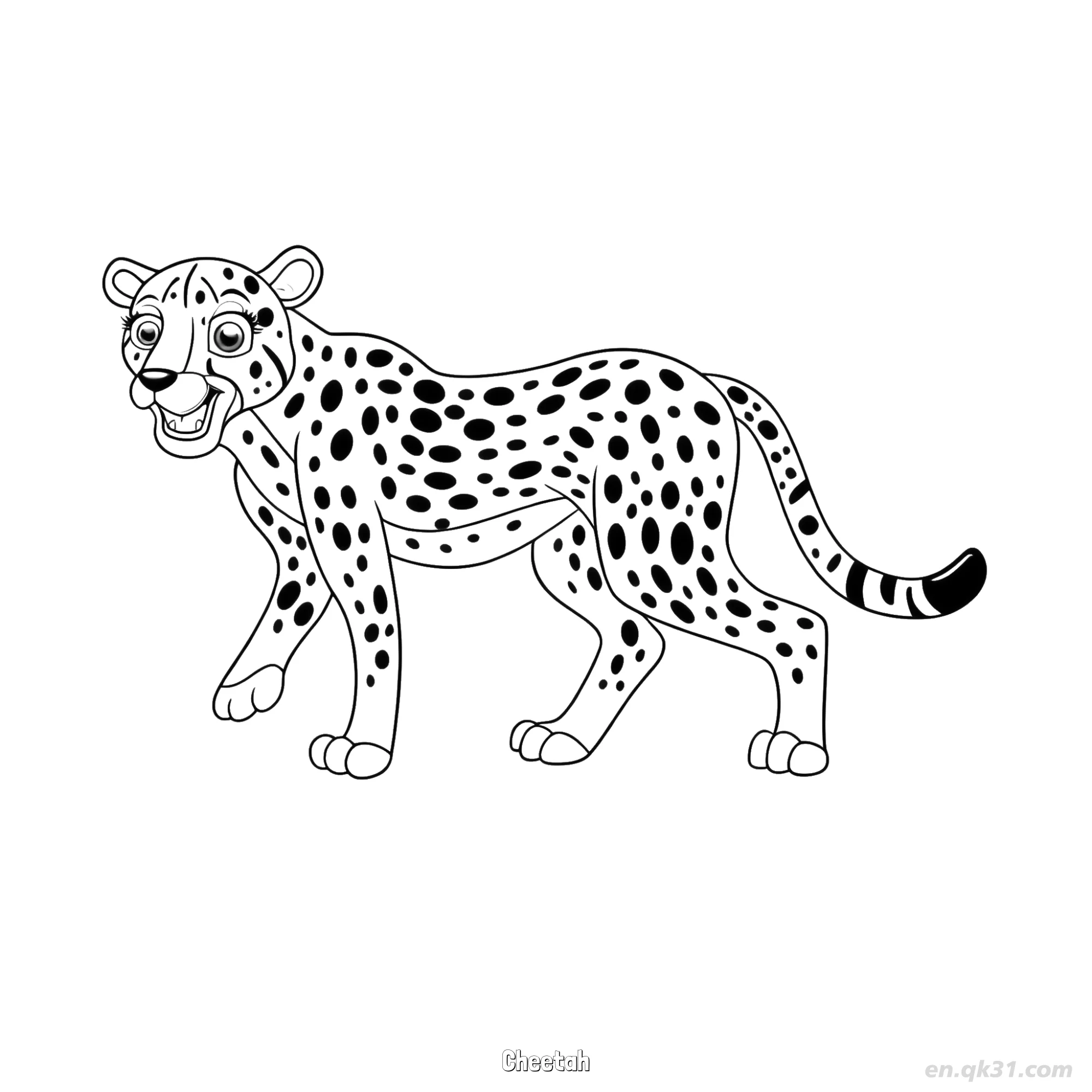 带纹尾微笑猎豹涂色页简笔画涂色画 – 为儿童和成人提供的免费可打印简笔画涂色画