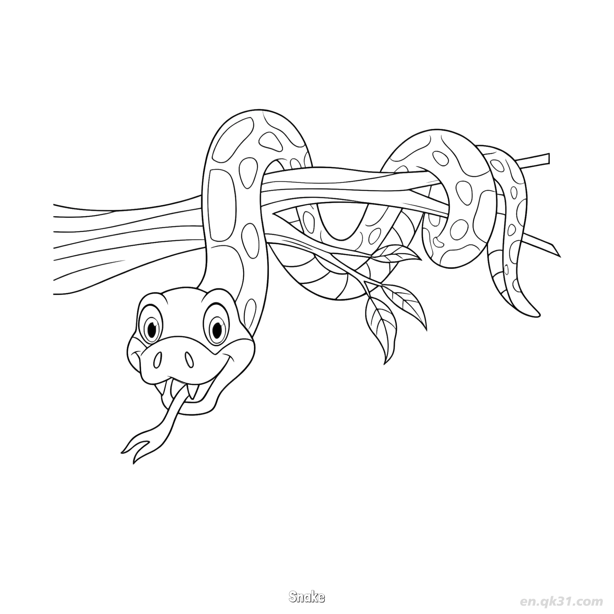 免费 丛林树枝树蛇涂色页 简笔画涂色页