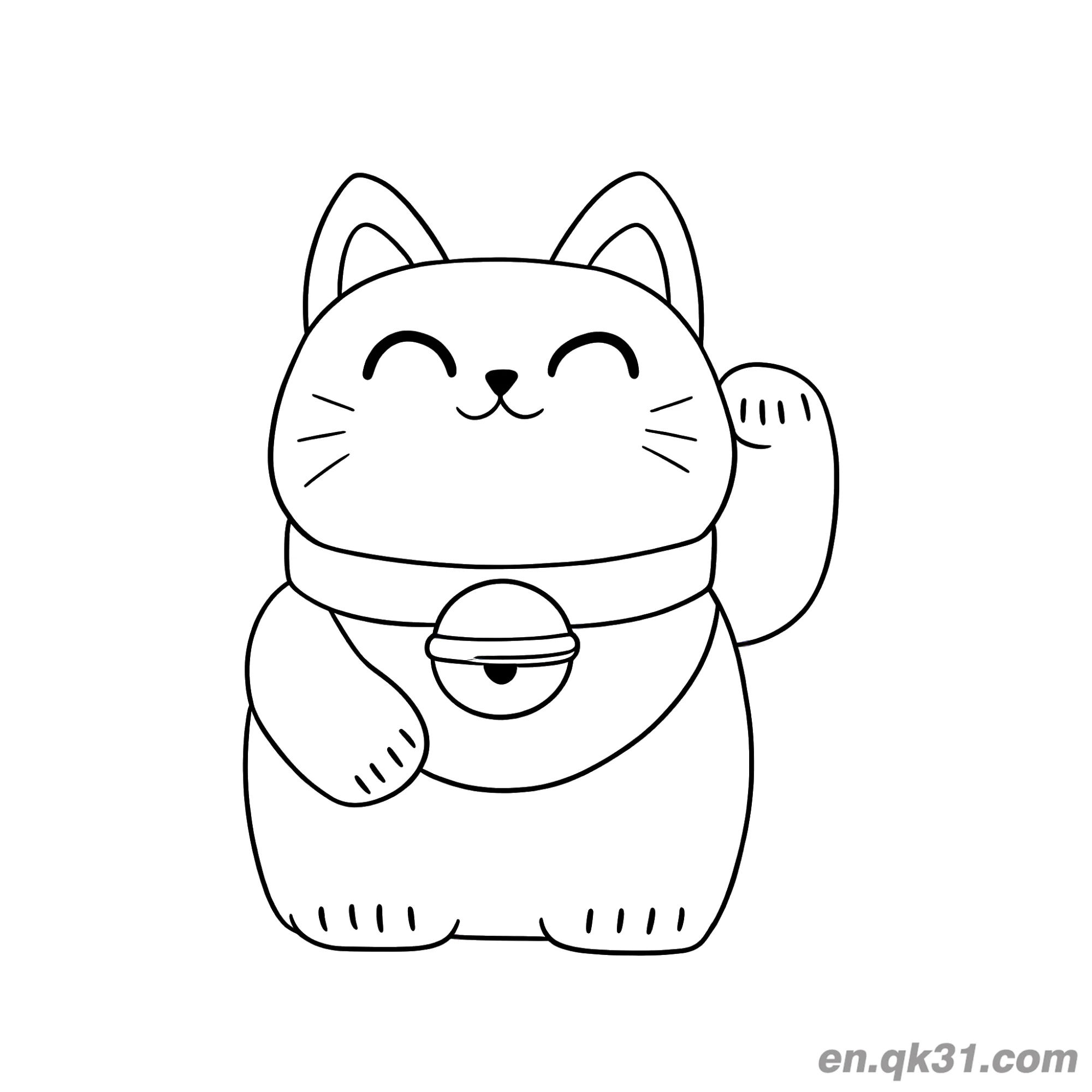 免费 可爱胖招财猫带铃铛双爪涂色页 简笔画涂色页