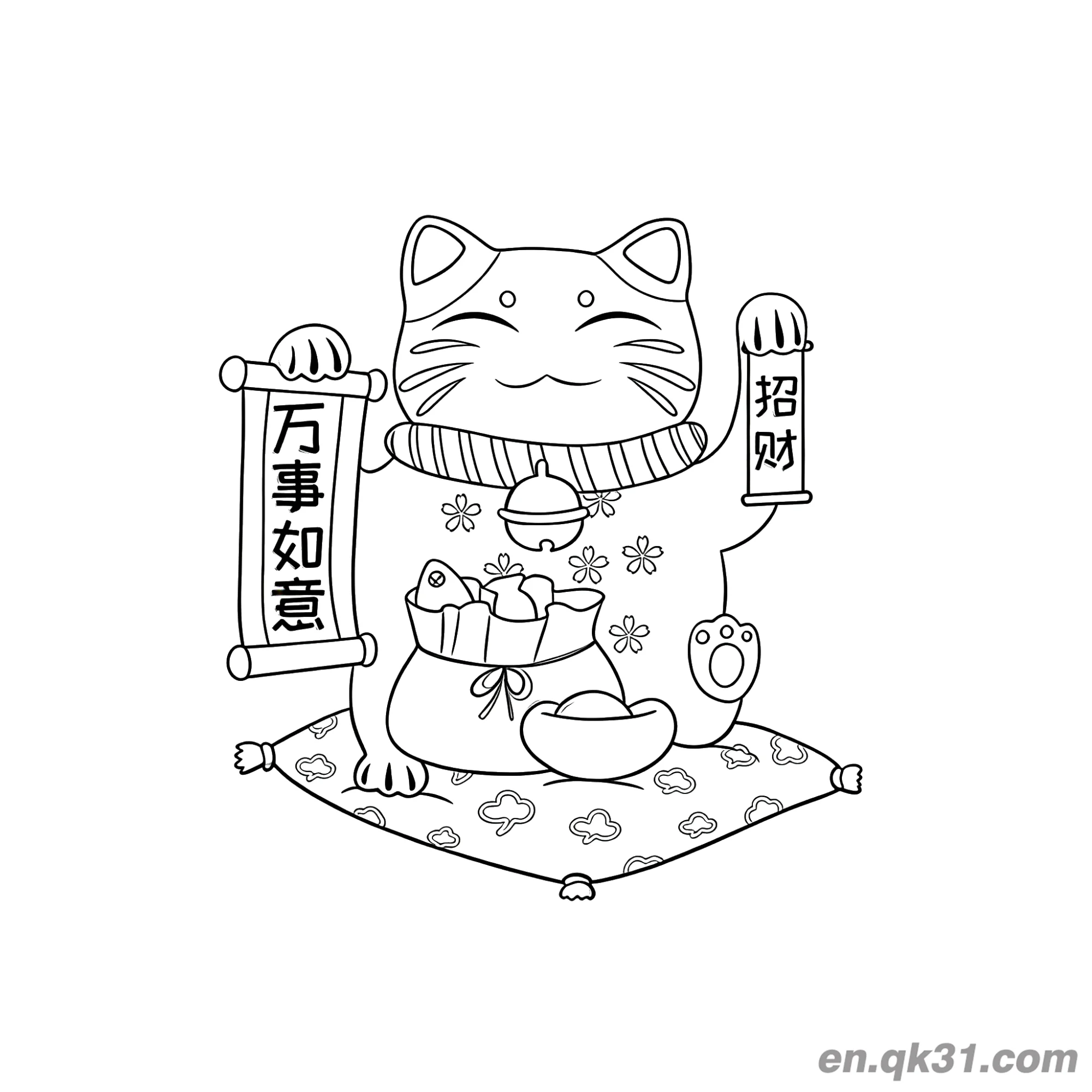 免费 万事如意卷轴福袋招财猫涂色页 简笔画涂色页