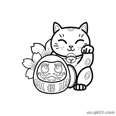 达摩娃娃樱花招财猫涂色页 – 免费可打印简笔画涂色画