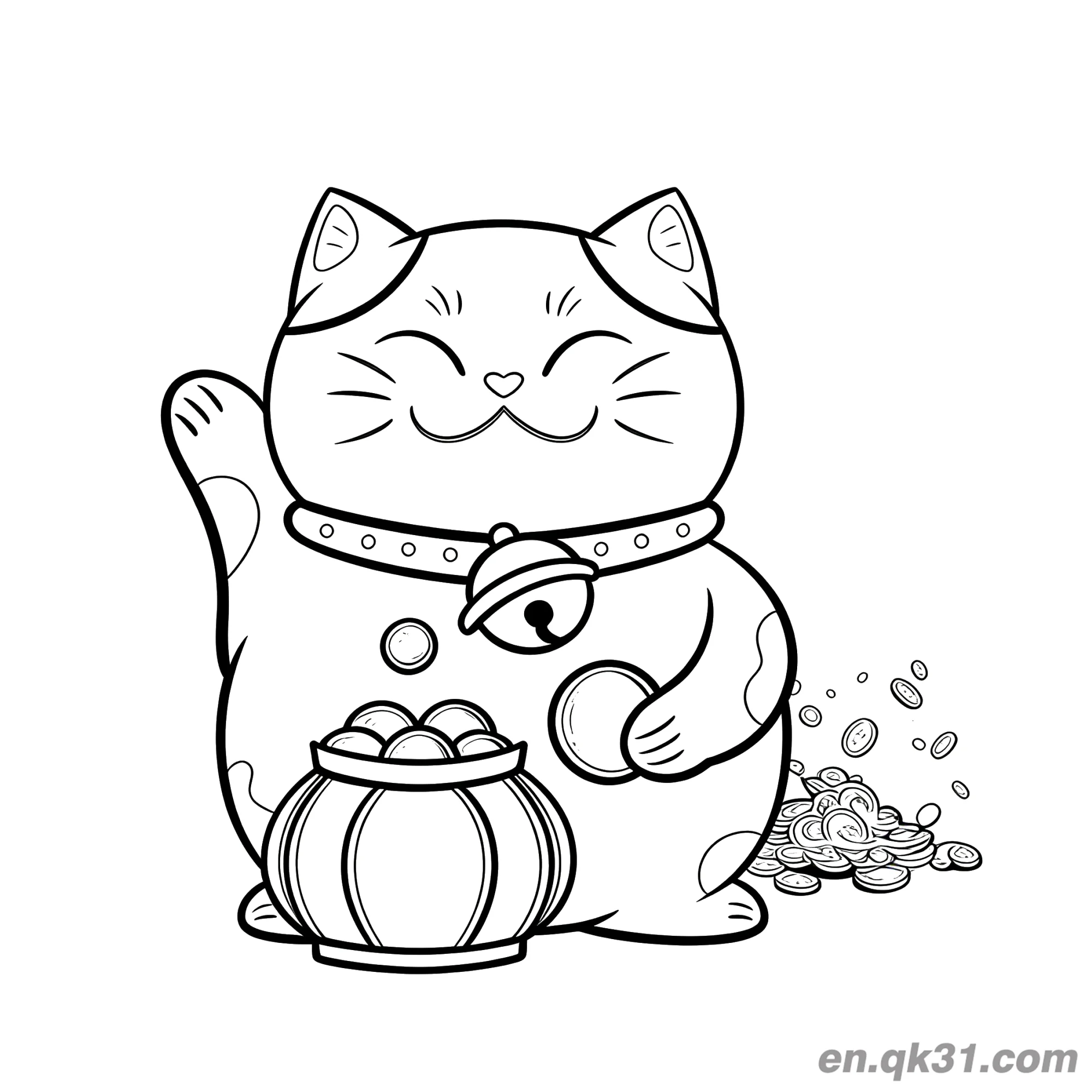 免费 爱心嘴聚宝盆撒金币招财猫涂色页 简笔画涂色页