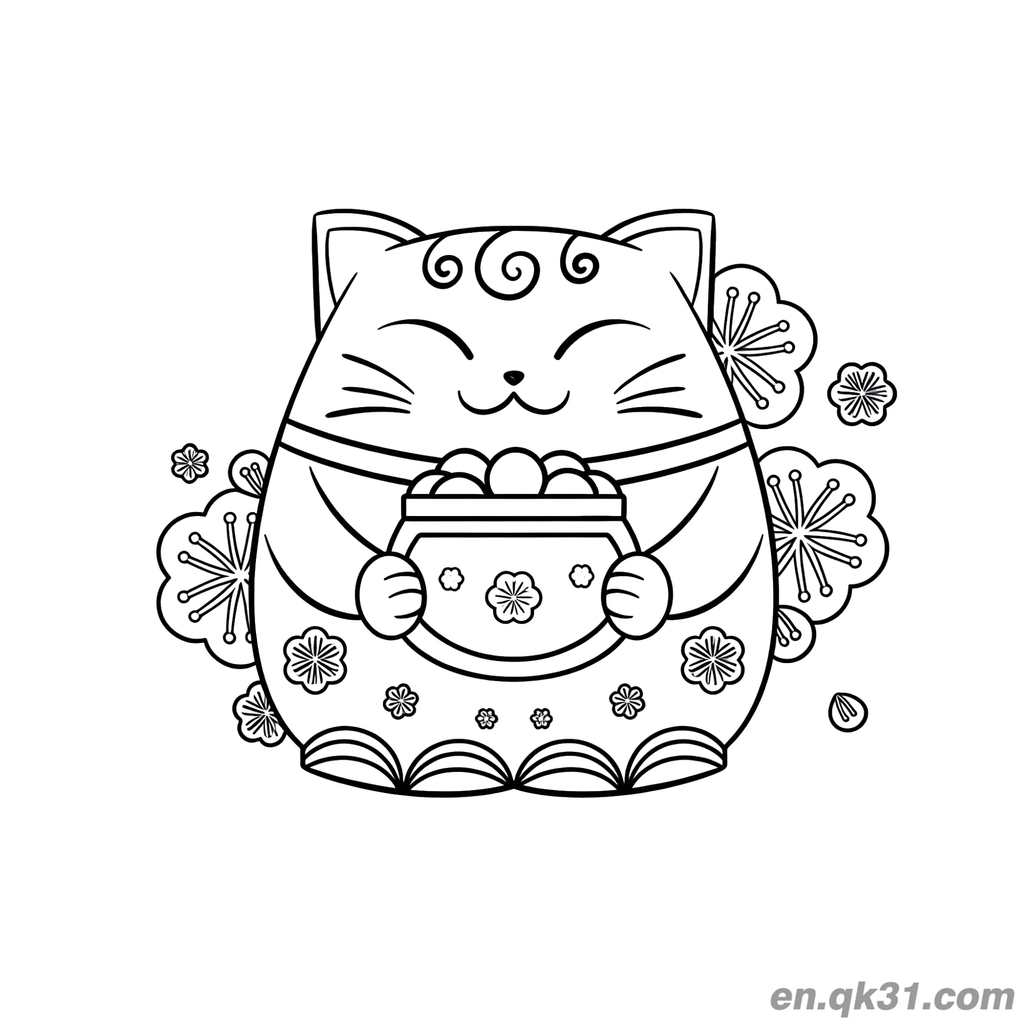 免费 手持云纹梅花聚宝盆招财猫涂色页 简笔画涂色页