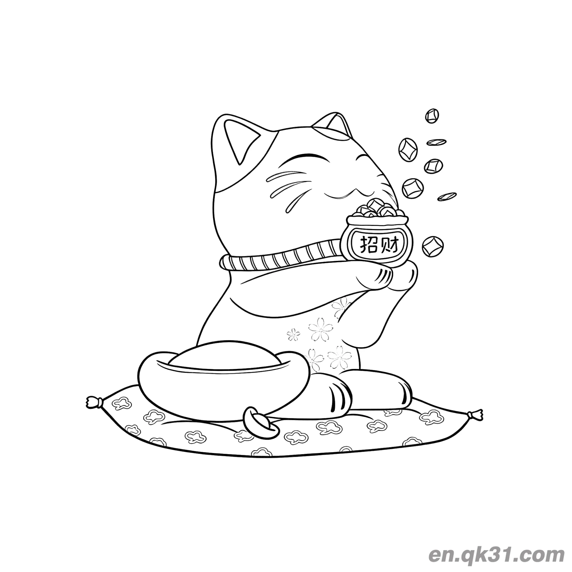 免费 撒金币招财猫与富贵宝瓶涂色页 简笔画涂色页