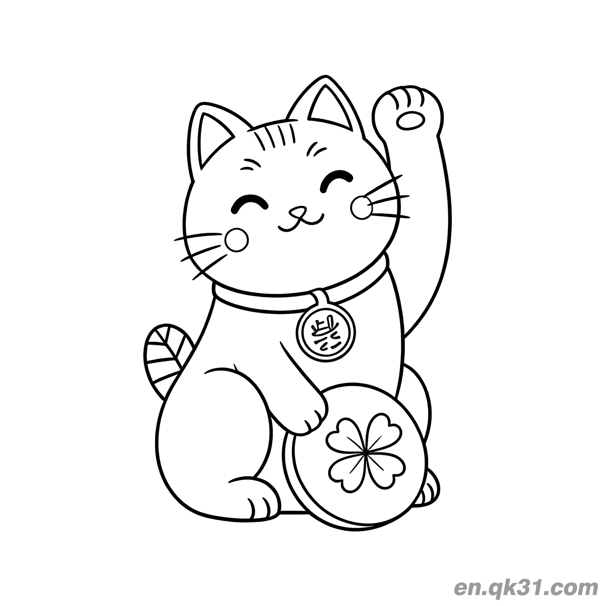 免费 四叶草硬币脸红招财猫涂色页 简笔画涂色页