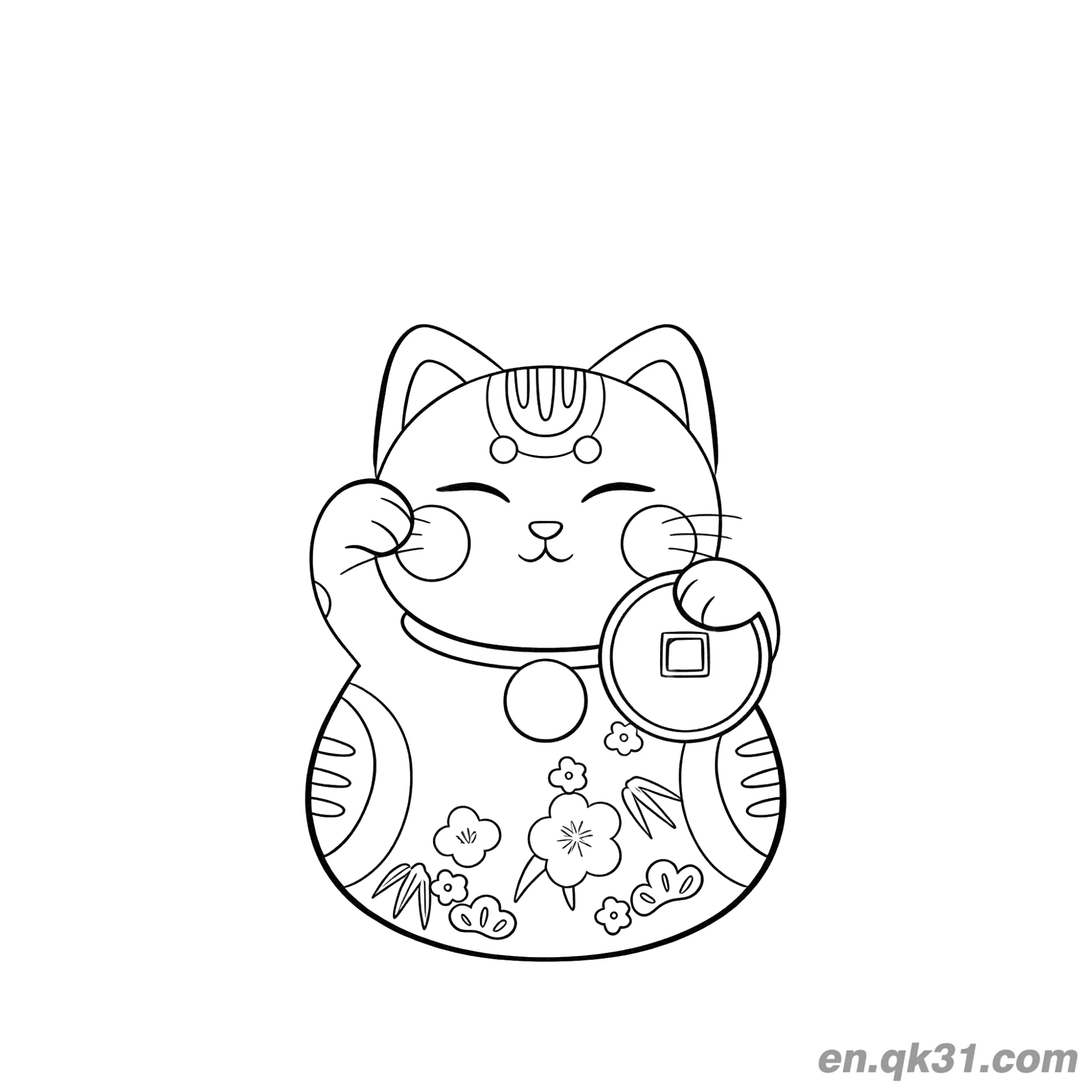 免费 花卉竹子古钱招财猫涂色页 简笔画涂色页