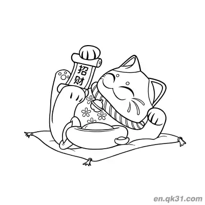 躺姿卷轴元宝招财猫涂色页 – 免费可打印简笔画涂色画