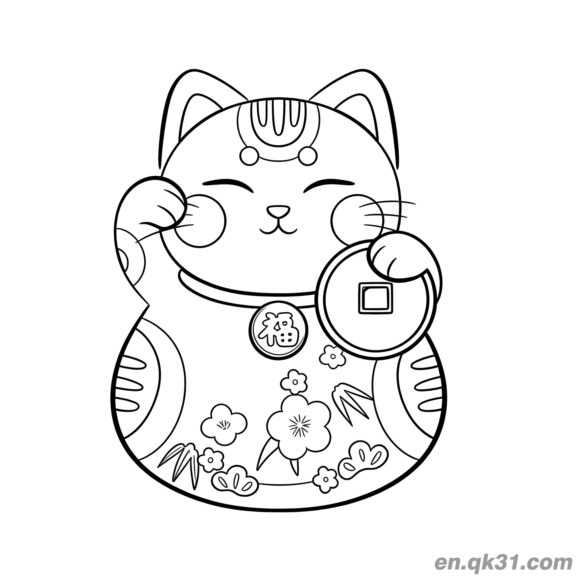 免费 梅竹福字硬币招财猫涂色页 简笔画涂色页