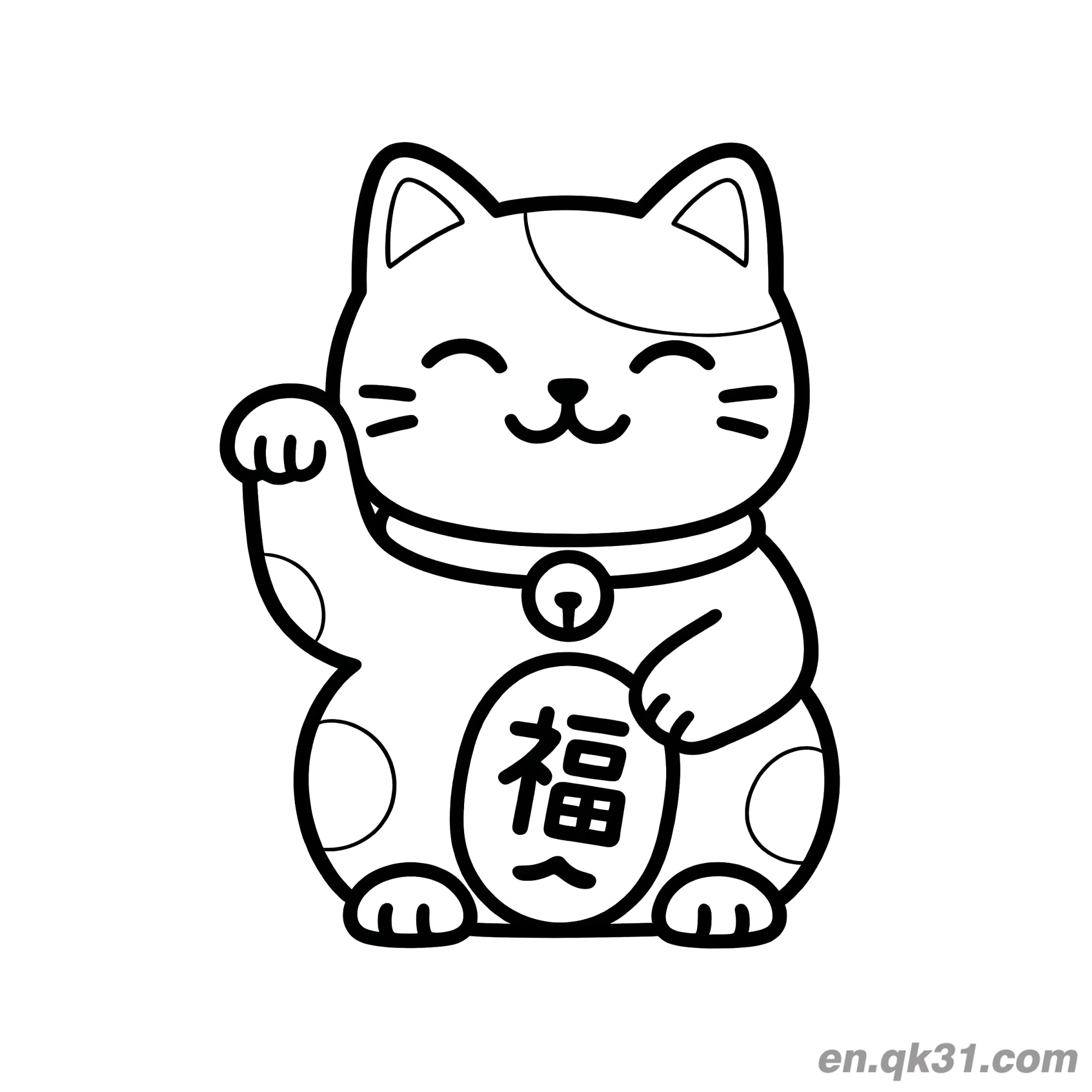 免费 圆眼福字挥手招财猫涂色页 简笔画涂色页
