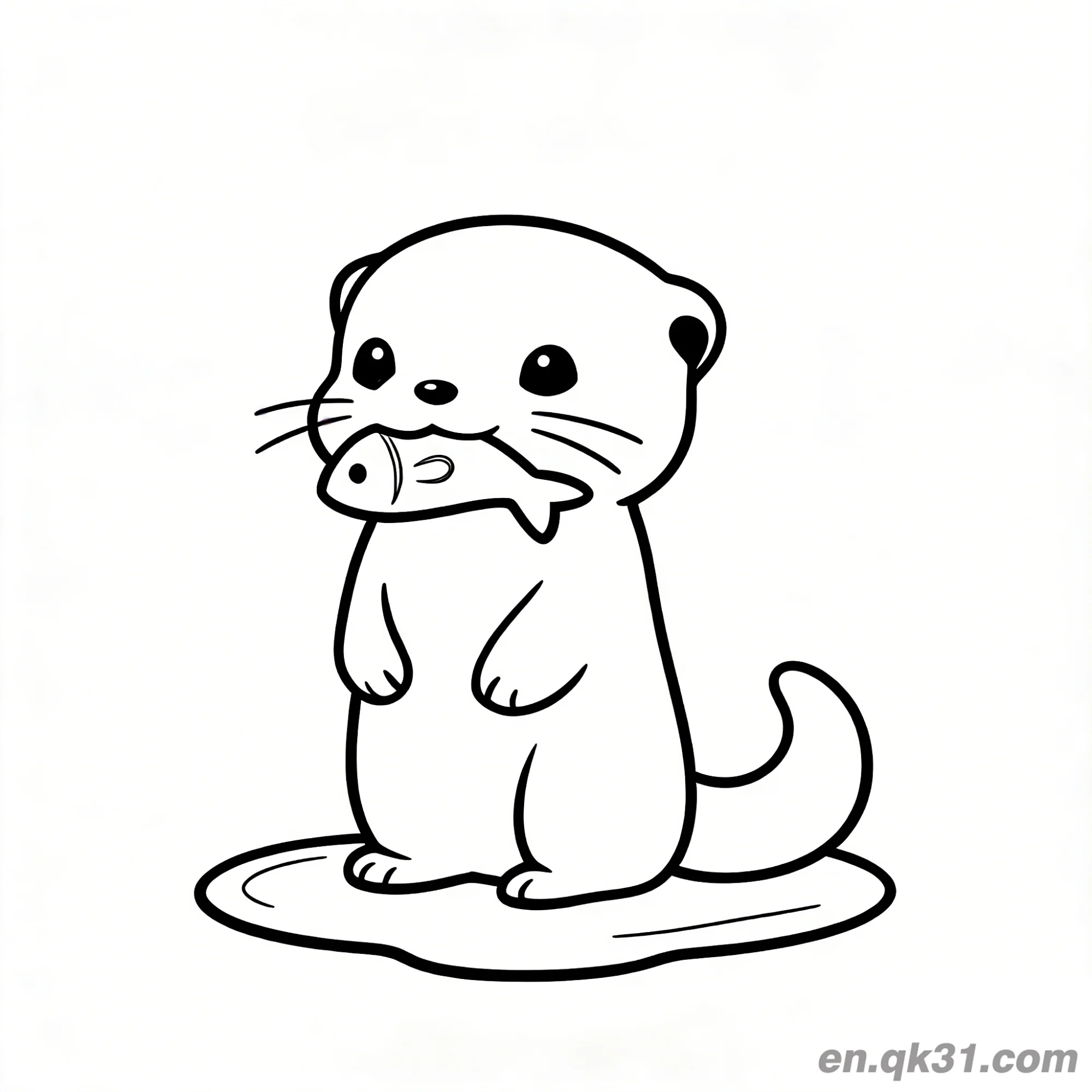 免费 Q版水獭口含鱼站在水坑中简笔画涂色页 简笔画涂色页