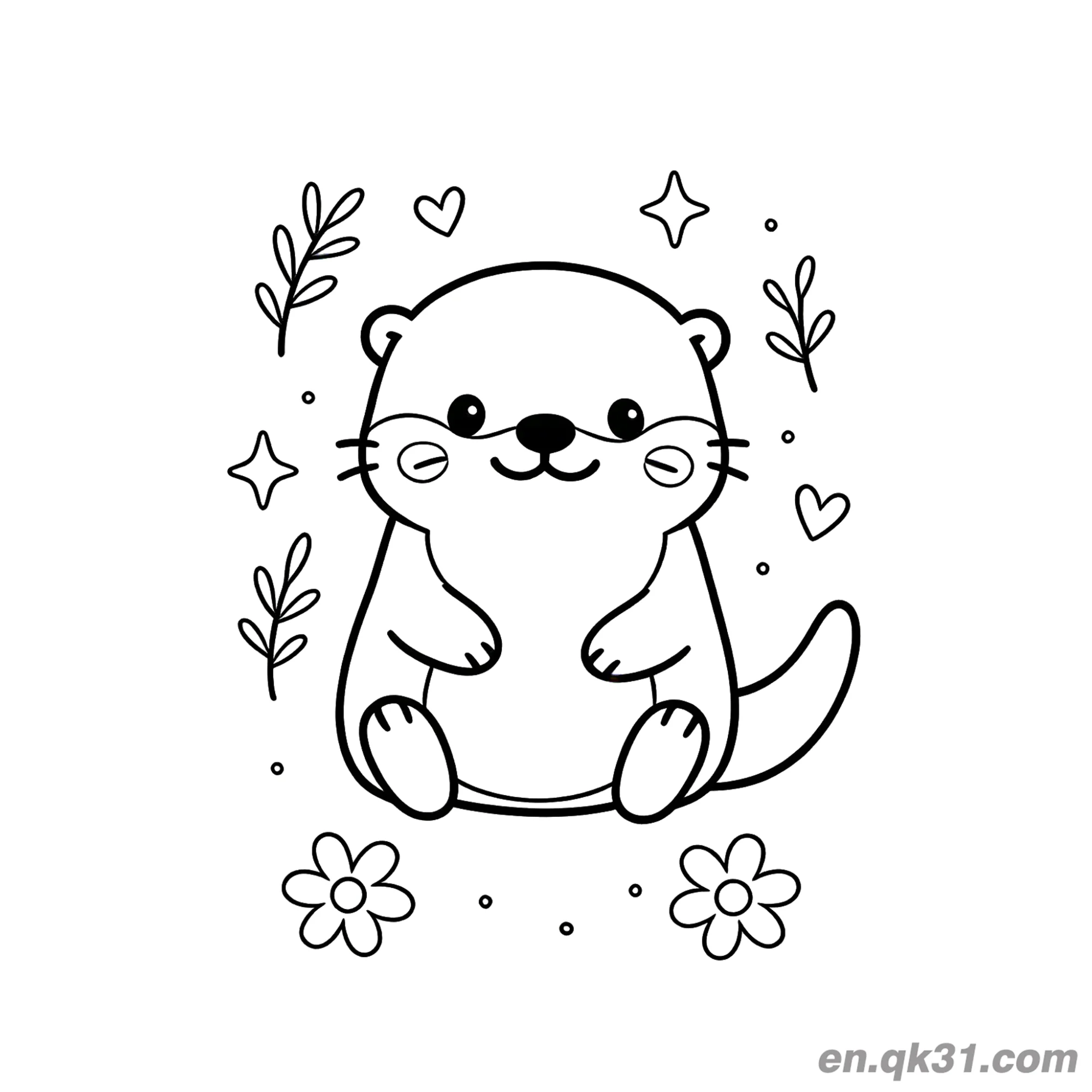 免费 Q版水獭花卉爱心装饰简笔画涂色页 简笔画涂色页