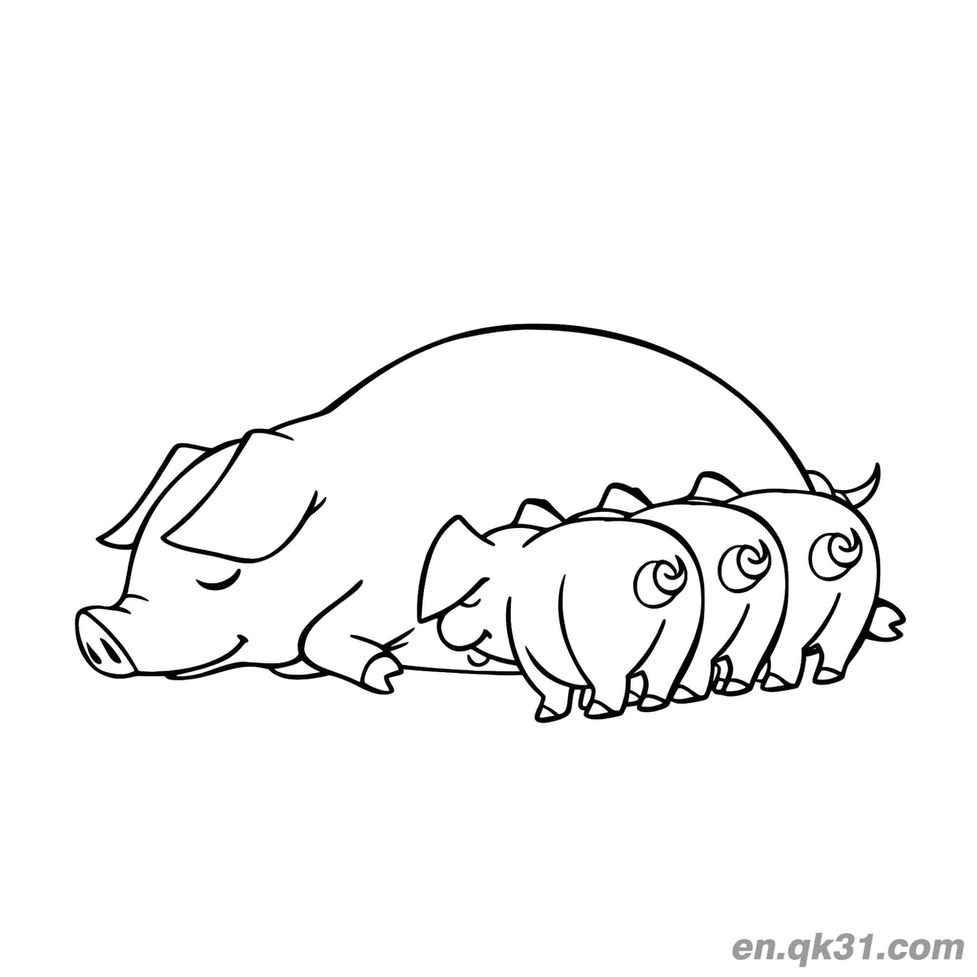 免费 母猪和三只睡觉的小猪仔涂色页 简笔画涂色页