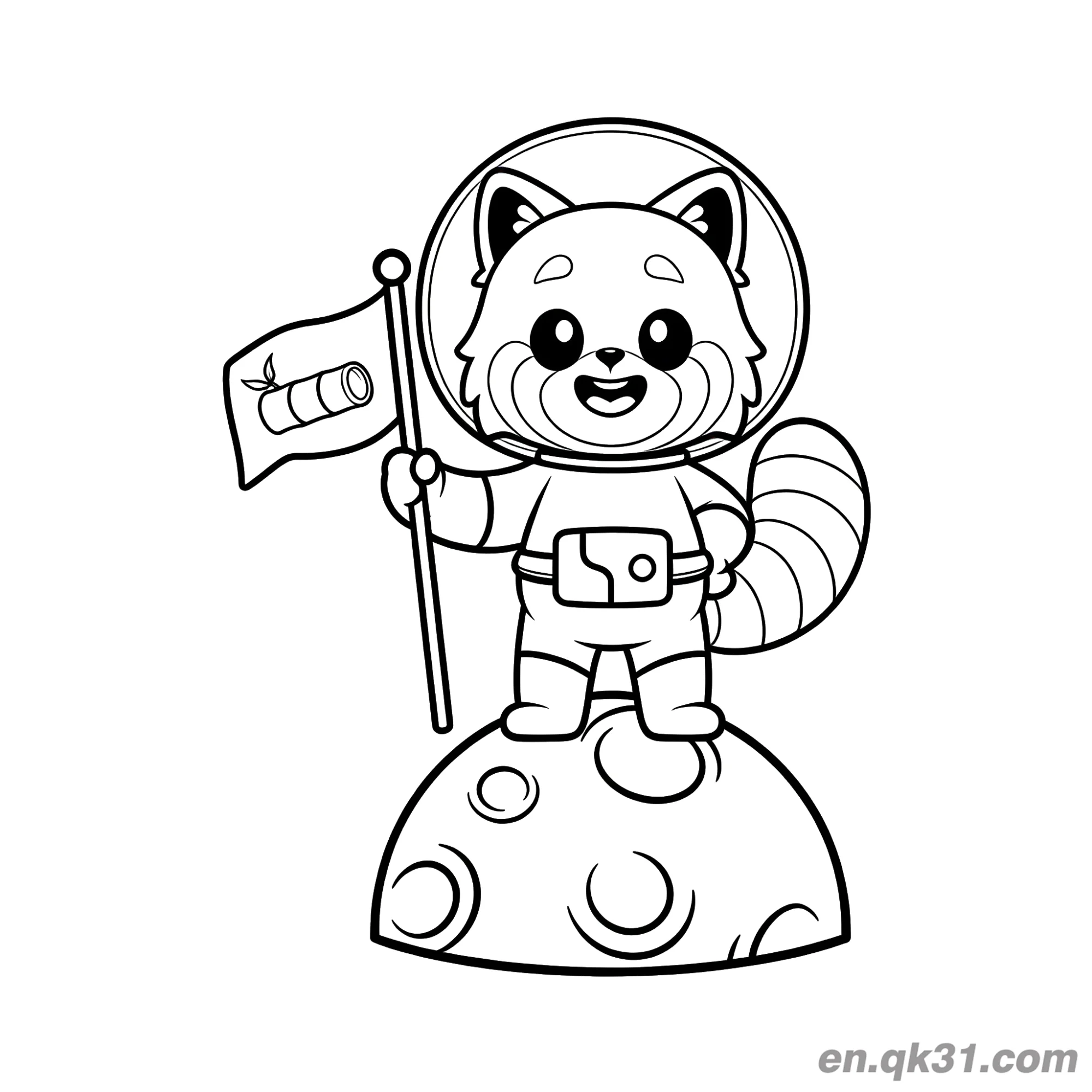 免费 宇航员红熊猫在月球上插旗涂色页 简笔画涂色页