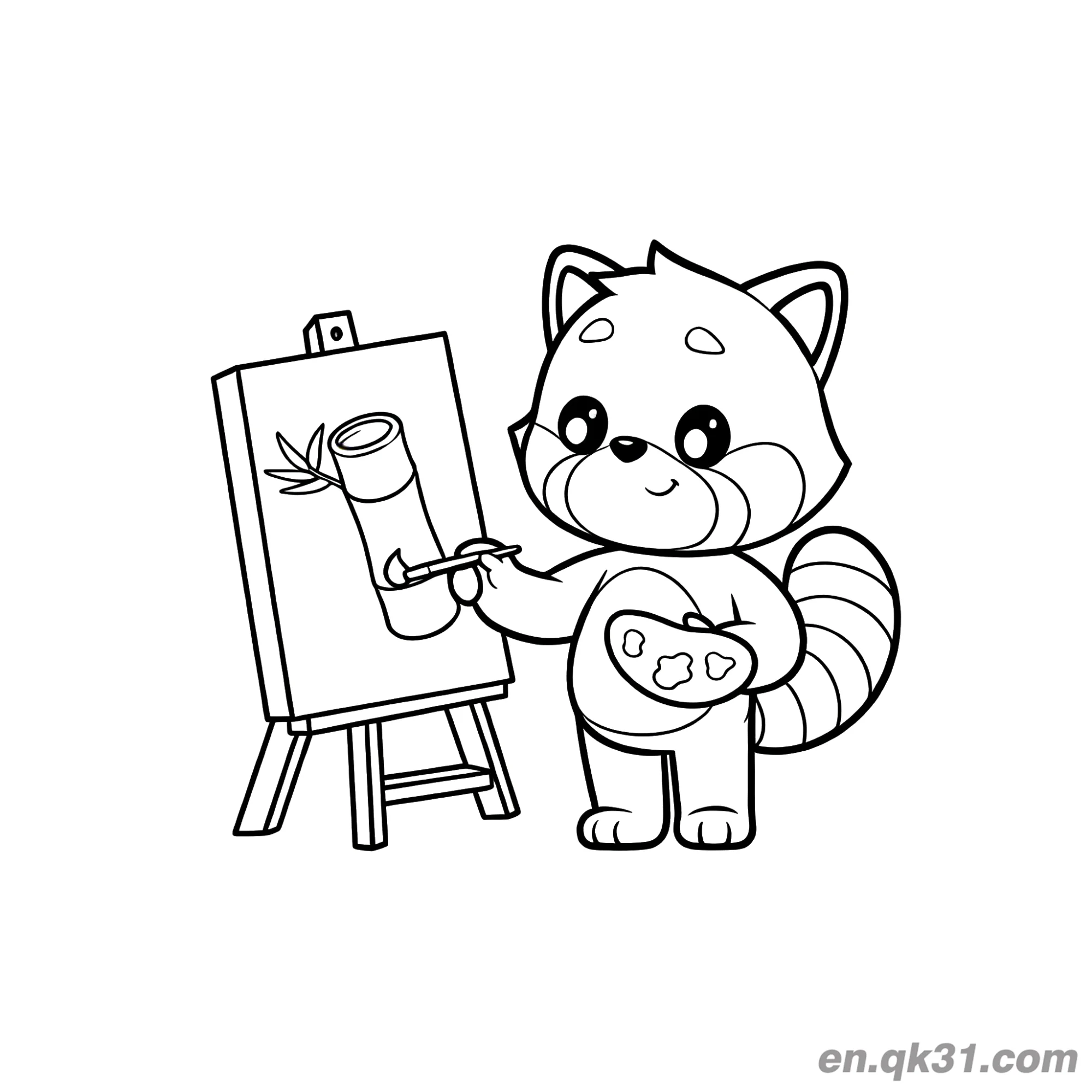 免费 红熊猫画家画竹子涂色页 简笔画涂色页