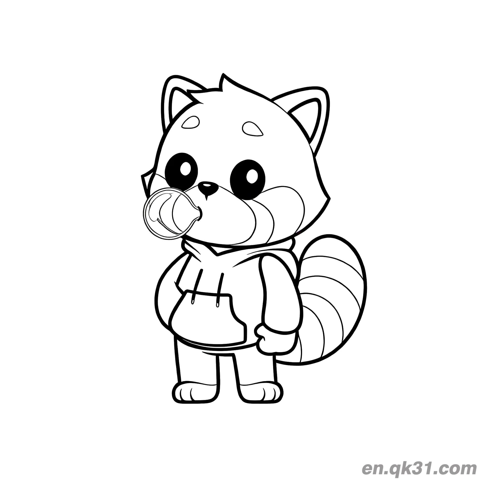 免费 红熊猫穿连帽衫吹泡泡涂色页 简笔画涂色页