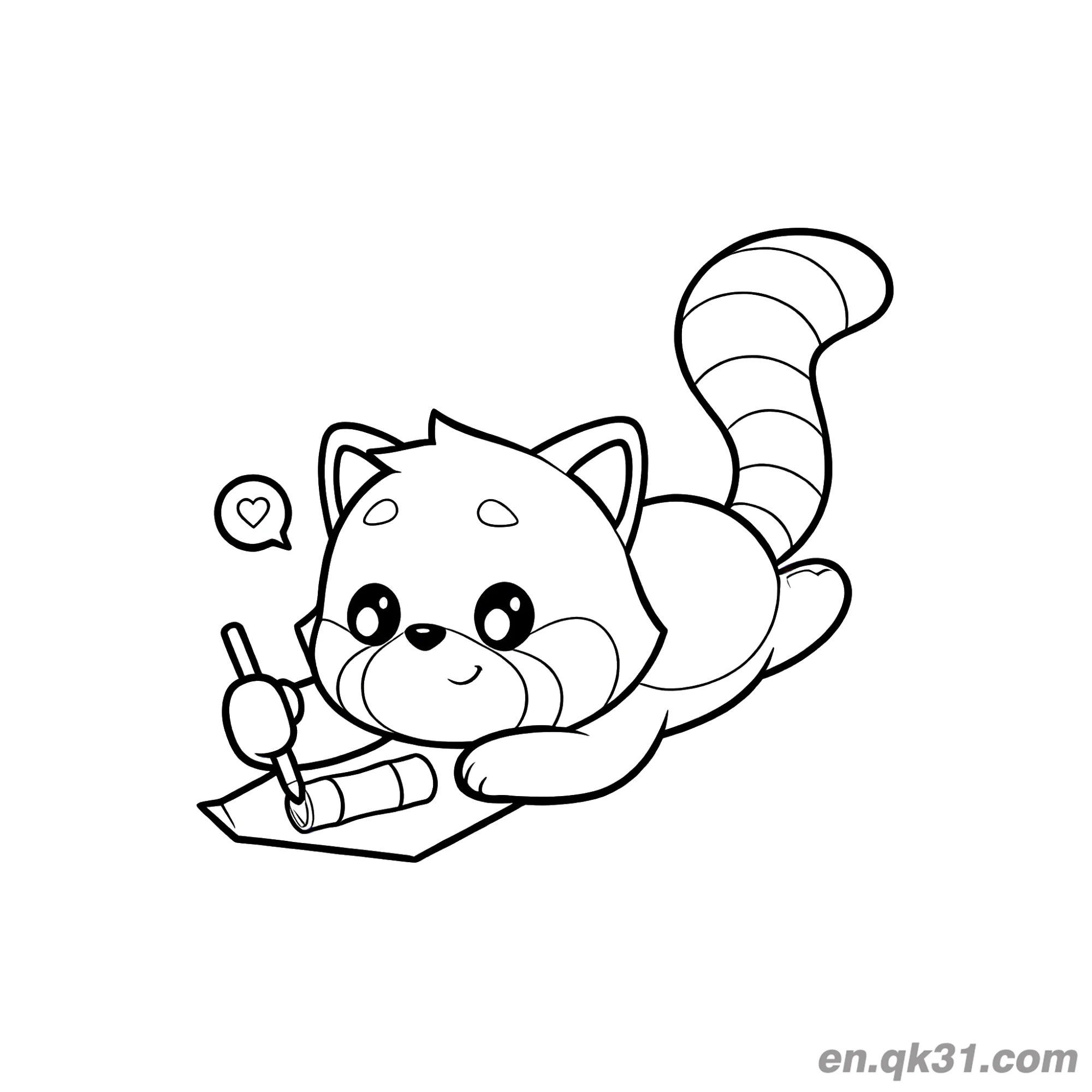 免费 红熊猫躺下写心形字涂色页 简笔画涂色页