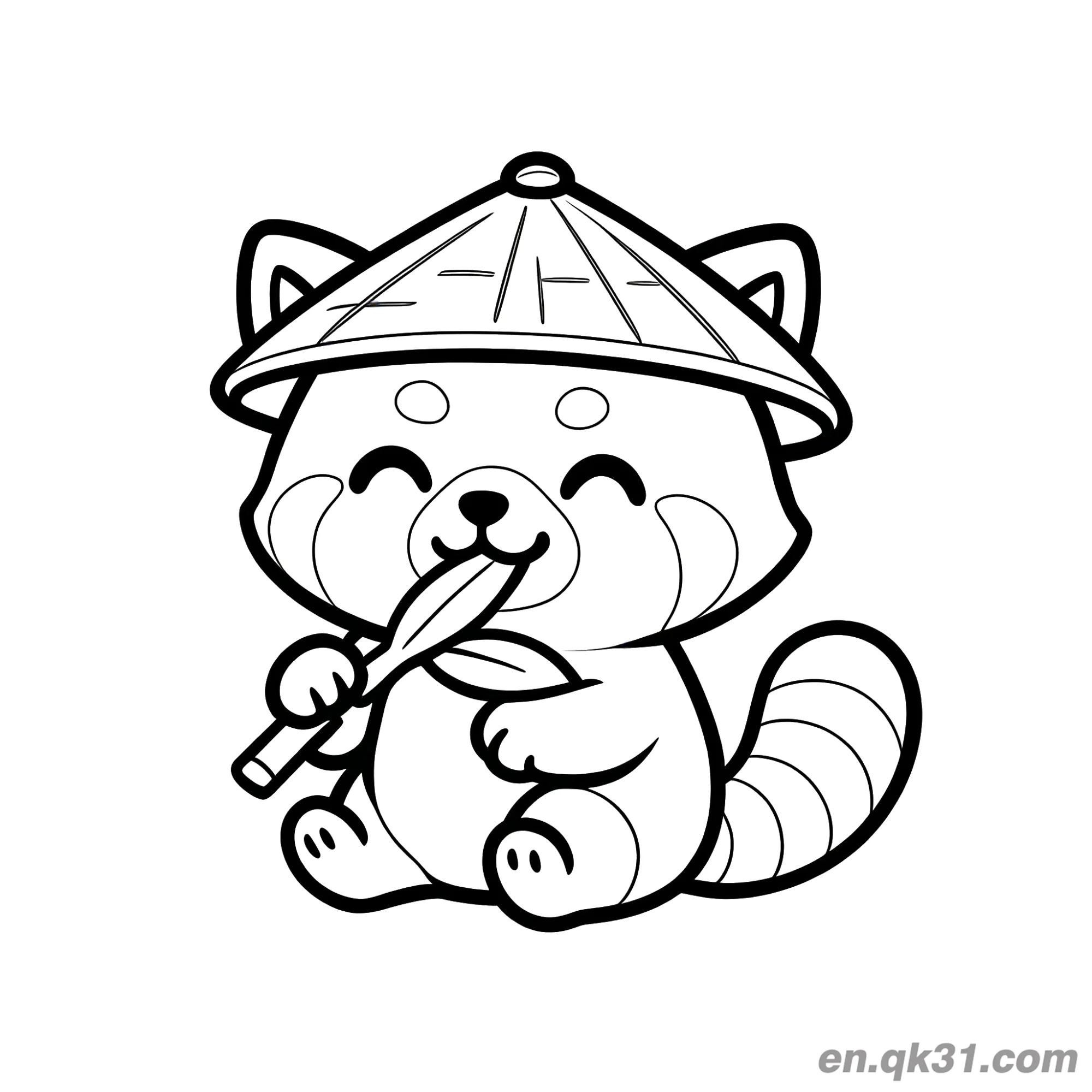 免费 红熊猫戴竹帽吃竹子涂色页 简笔画涂色页