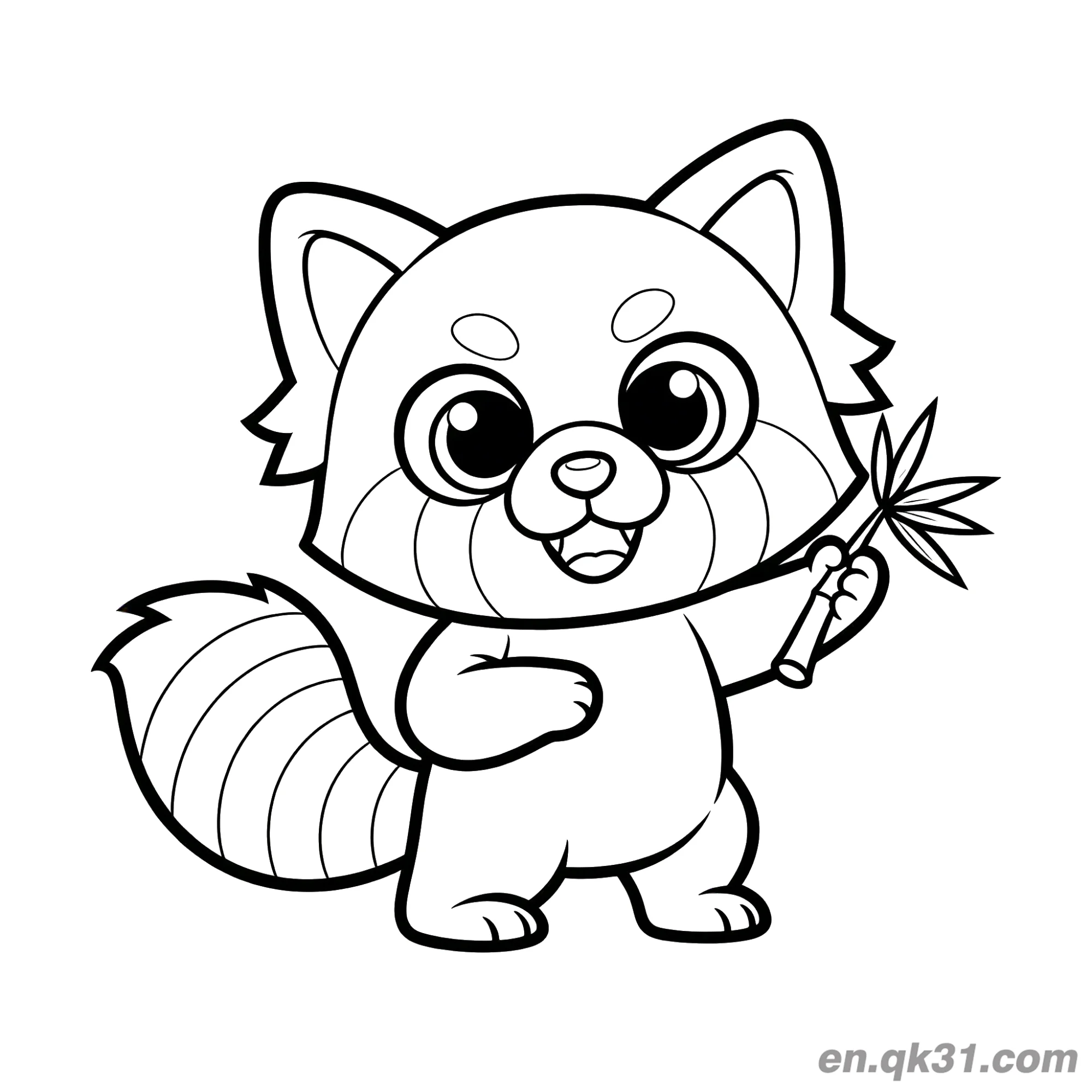 免费 站立红熊猫拿竹叶涂色页 简笔画涂色页