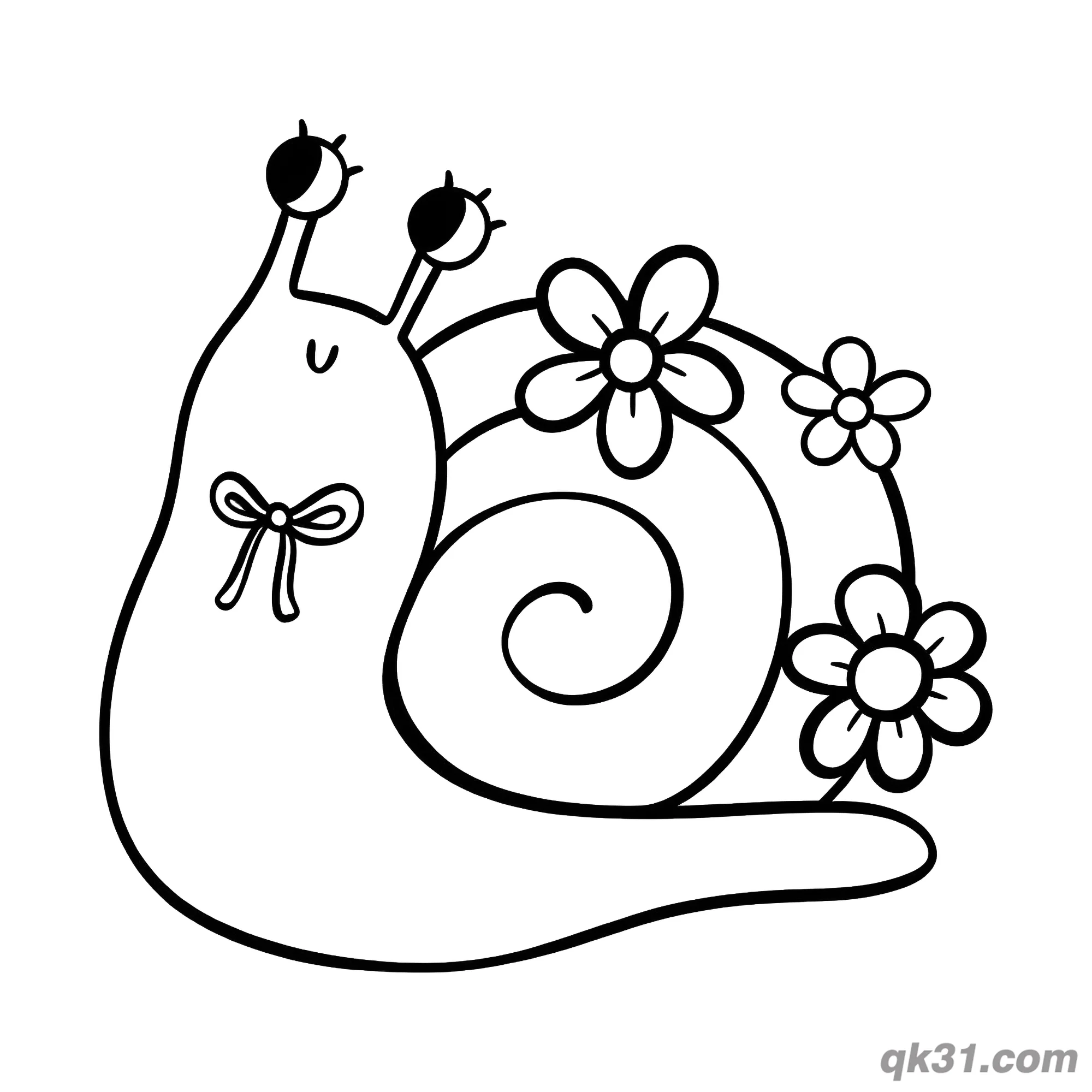 免费 壳上花朵蝴蝶结蜗牛简笔画涂色页 简笔画涂色页