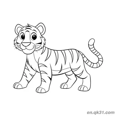 卡通好奇行走小老虎填色页 – 免费可打印简笔画涂色画