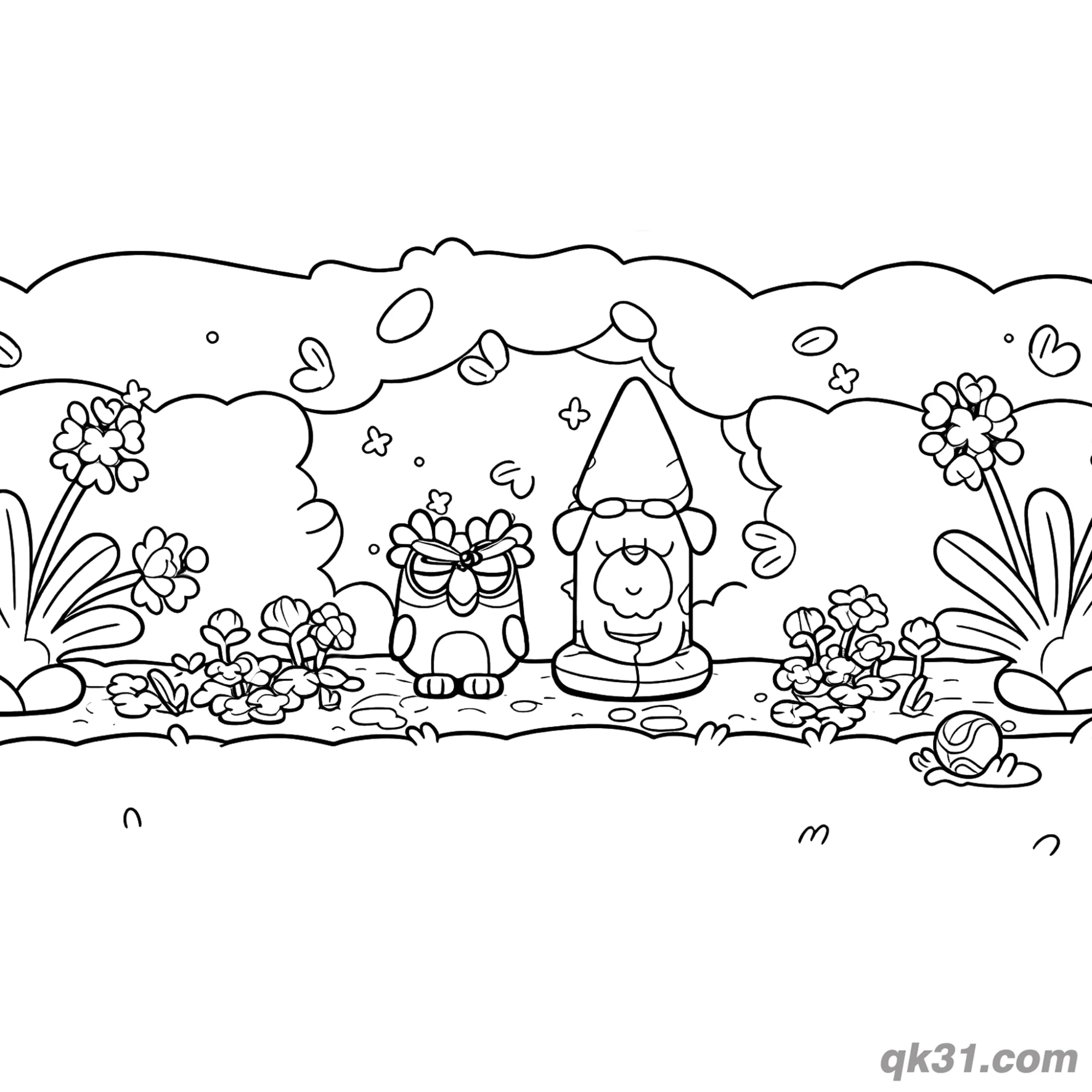 免费 Chattermax与灌木丛中花园地精简笔画涂色页 | 可打印PDF 简笔画涂色页