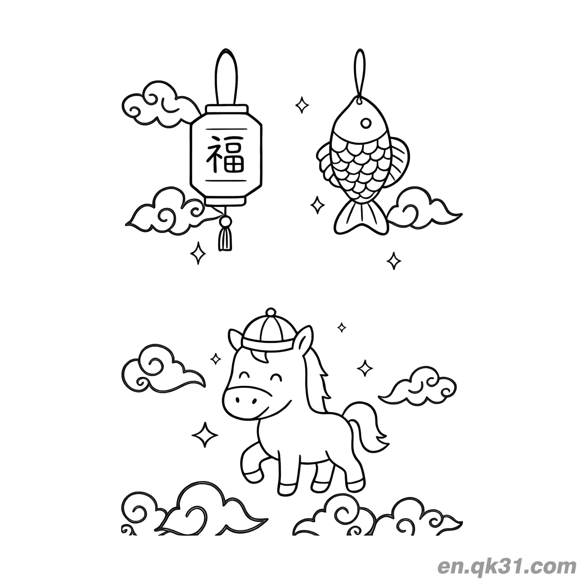 免费 2026年马年涂色页：小马、福灯笼和鱼 简笔画涂色页