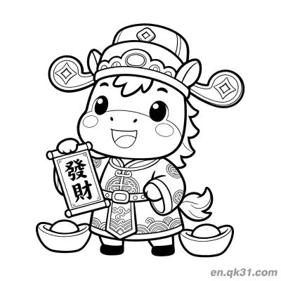 2026年马年涂色页：小马财神和发财卷轴 – 免费可打印简笔画涂色画