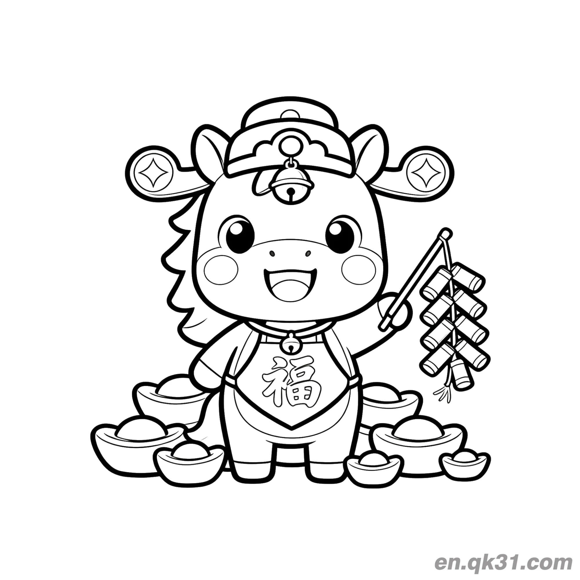 免费 2026年马年涂色页：小马财神和鞭炮 简笔画涂色页