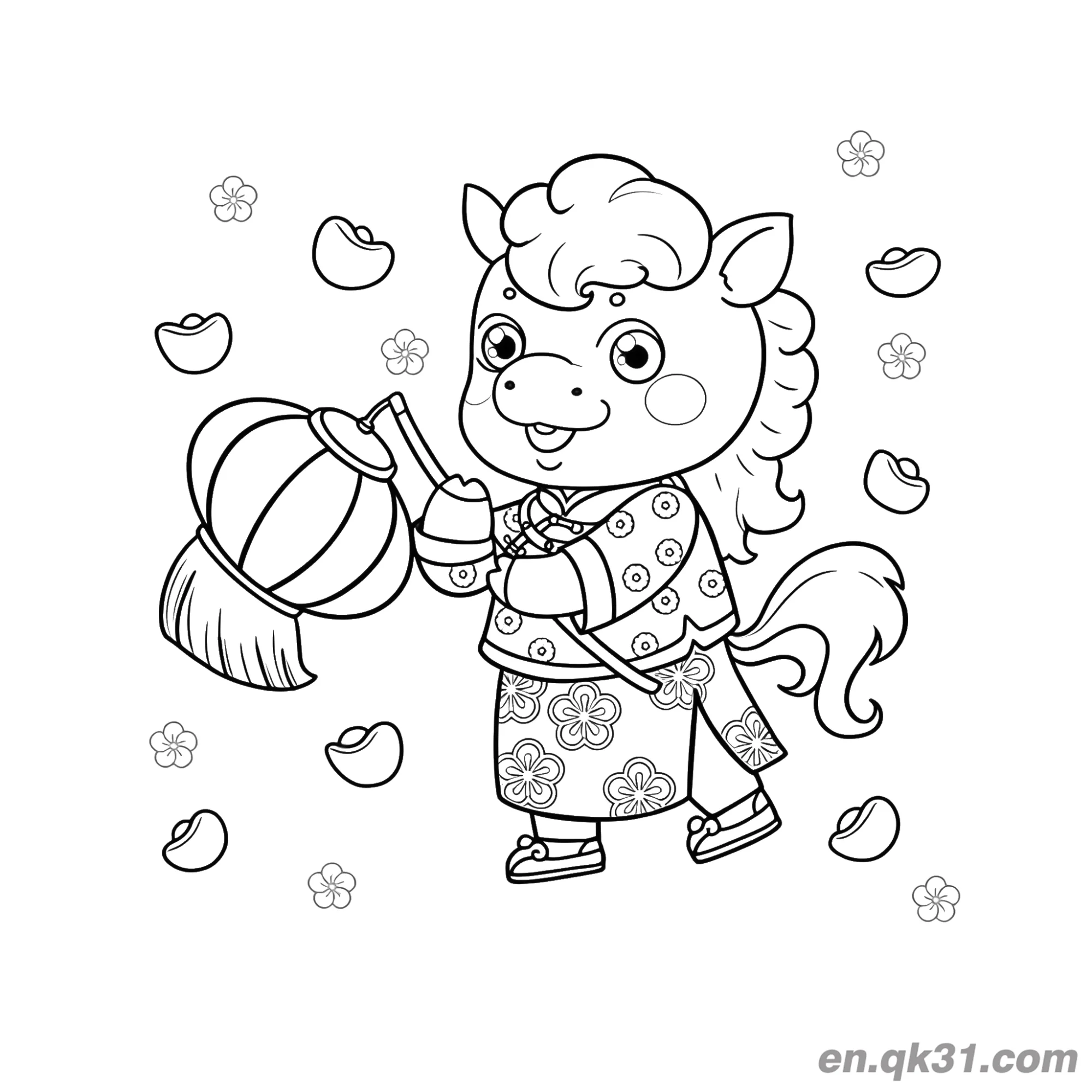 免费 2026年马年涂色页：小马手持灯笼和花瓣 简笔画涂色页