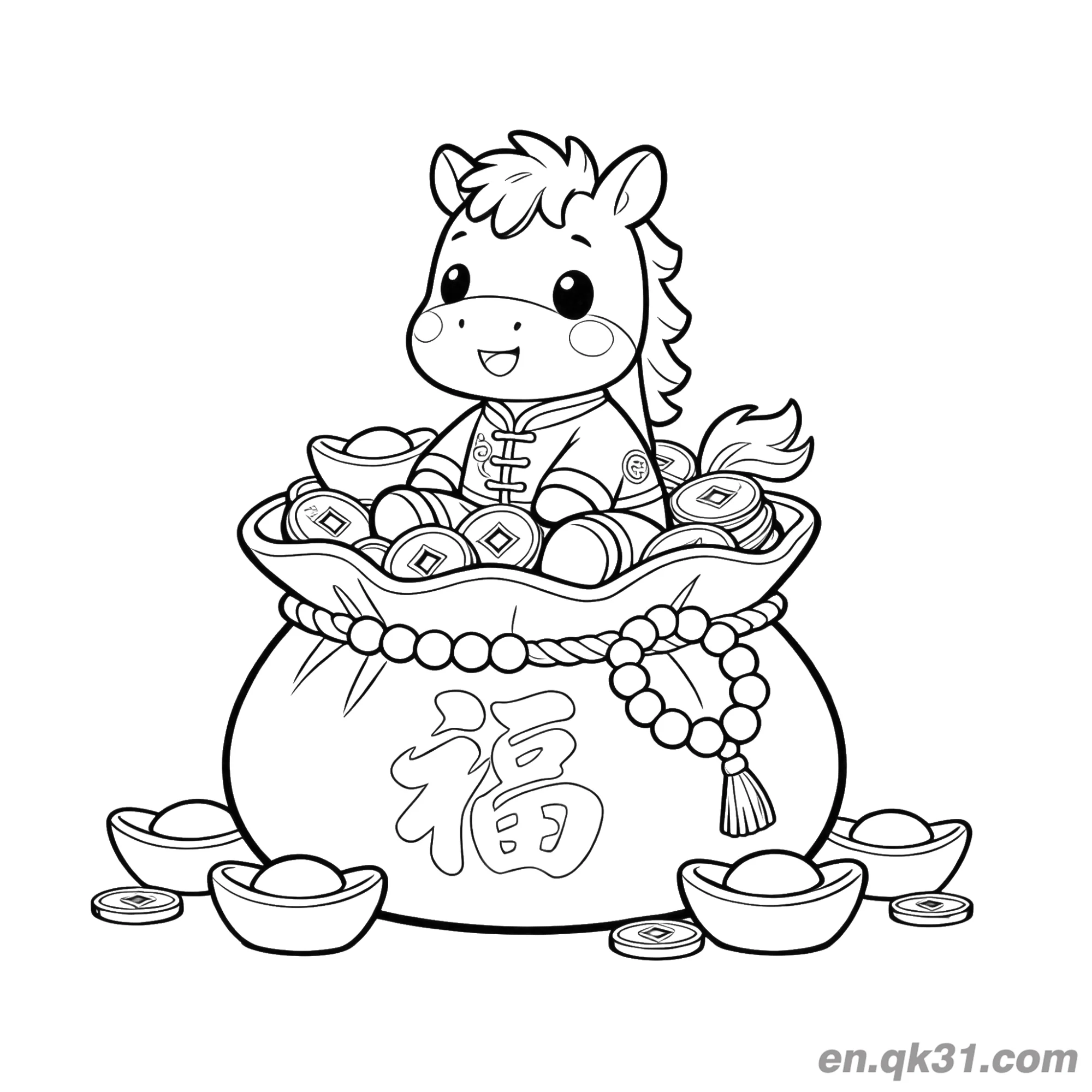 免费 2026年马年涂色页：福袋中的小马 简笔画涂色页