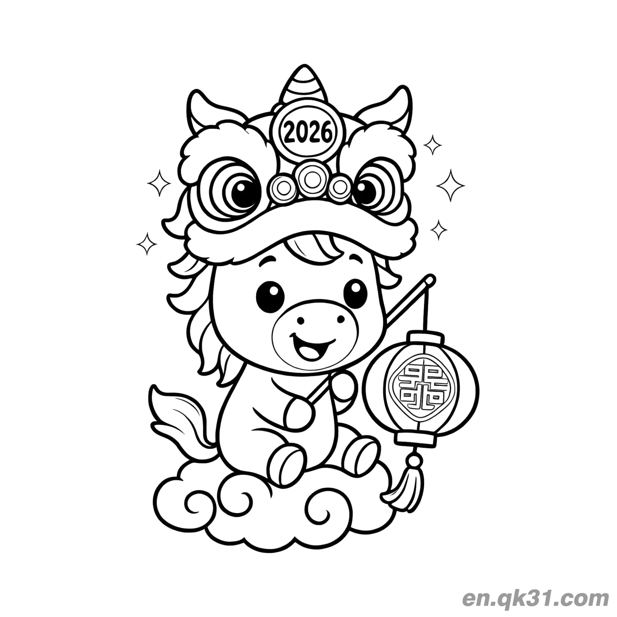 免费 2026年马年涂色页：舞狮头和云上灯笼中的小马 简笔画涂色页