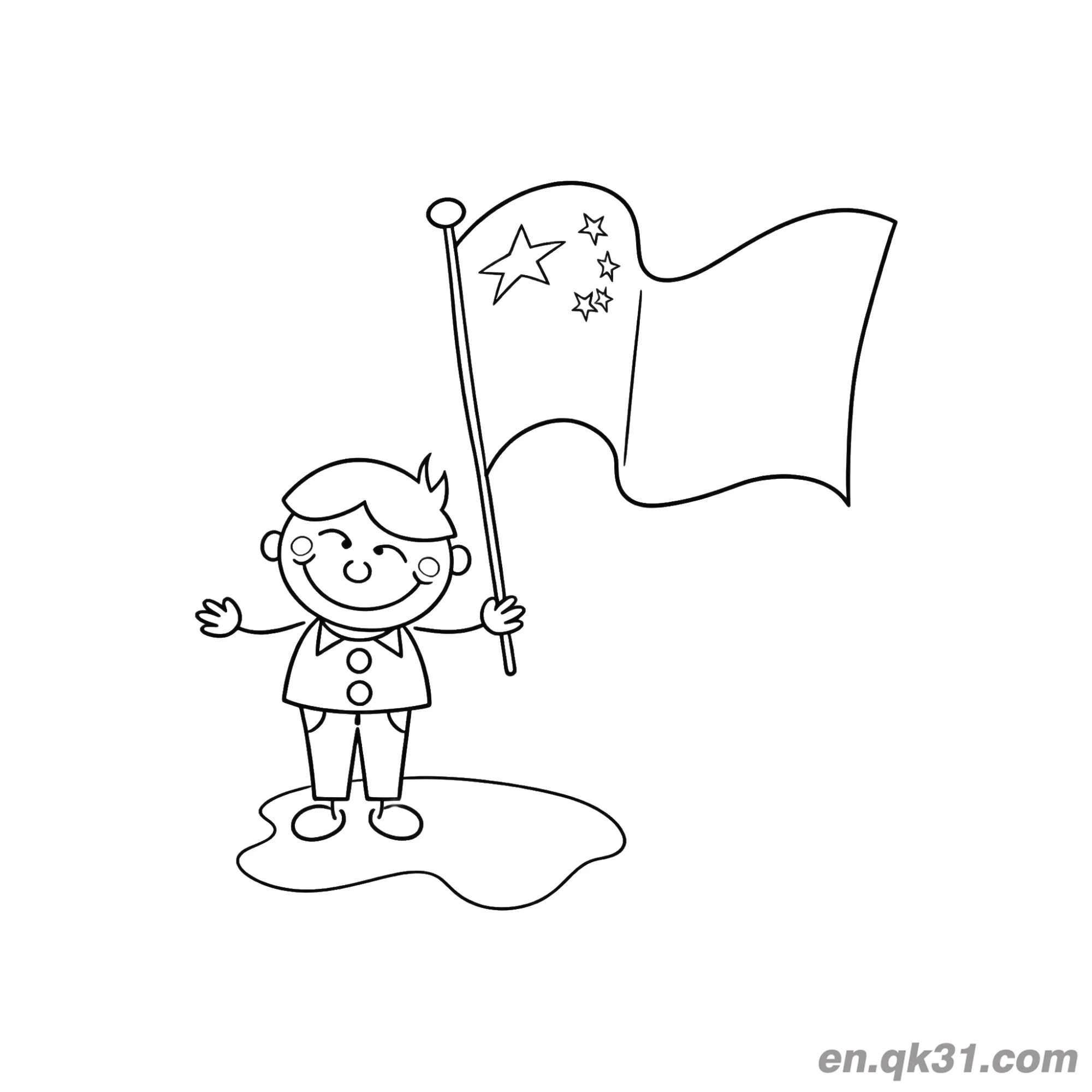免费 中国新年涂色页：男孩手持中国国旗 简笔画涂色页