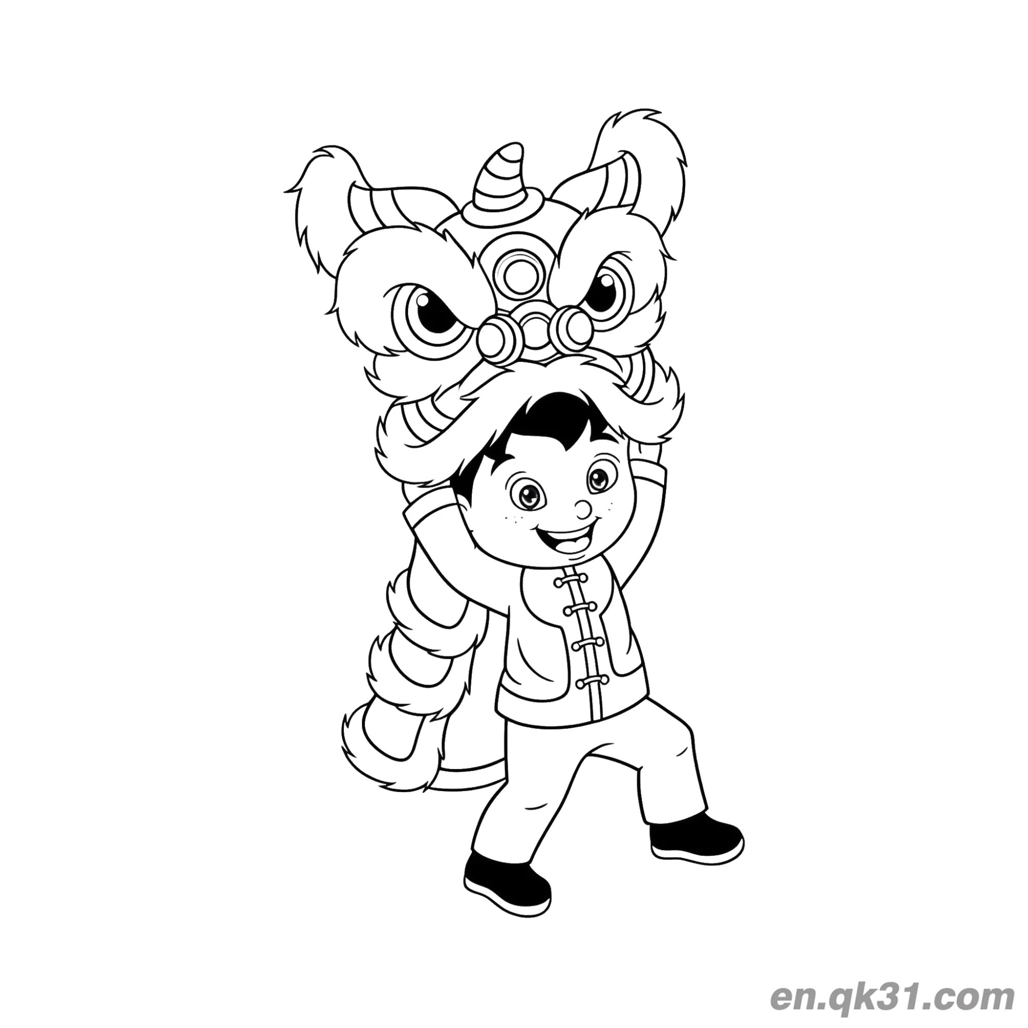 免费 中国新年涂色页：男孩手持舞狮头 简笔画涂色页