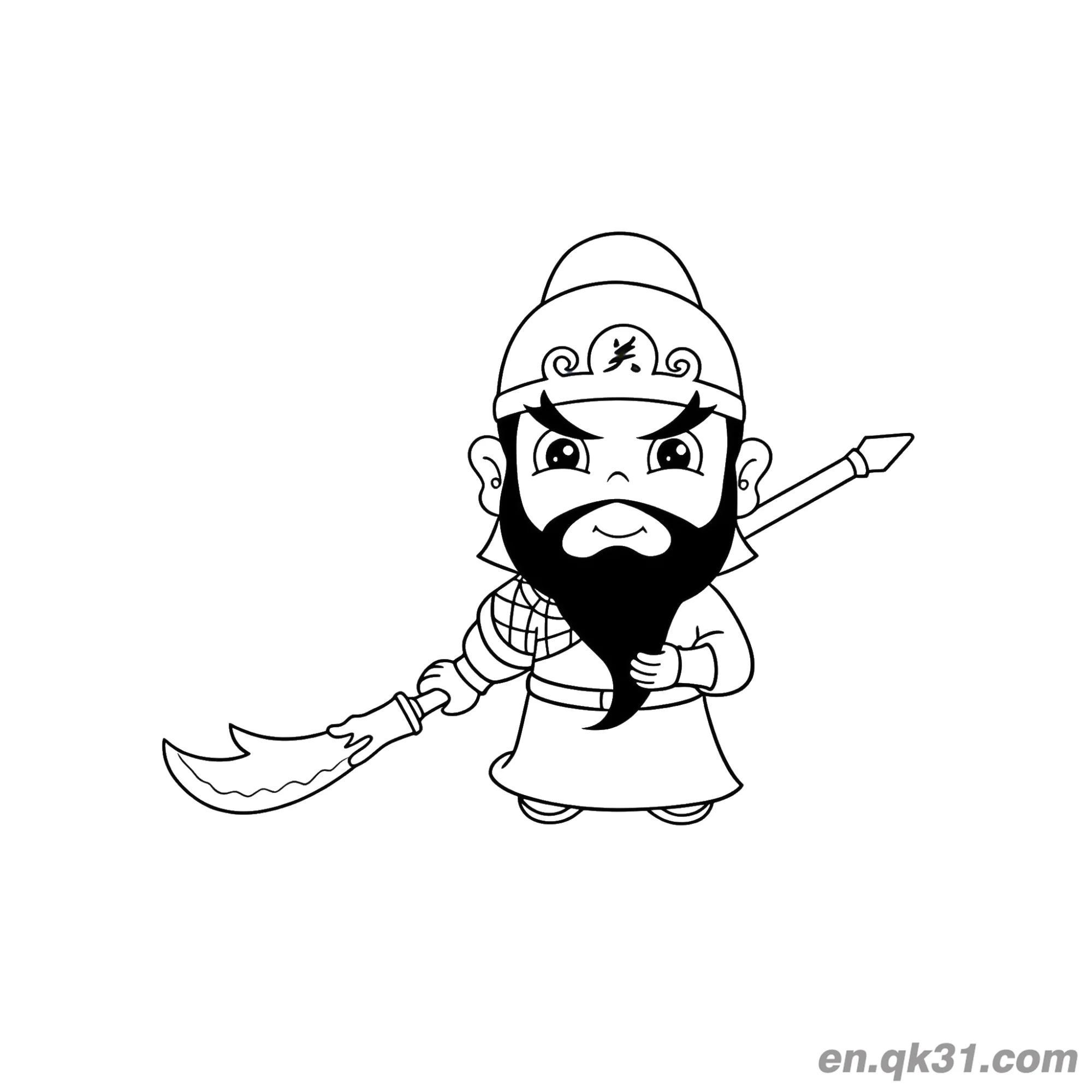 免费 中国新年涂色页：卡通关羽武士 简笔画涂色页