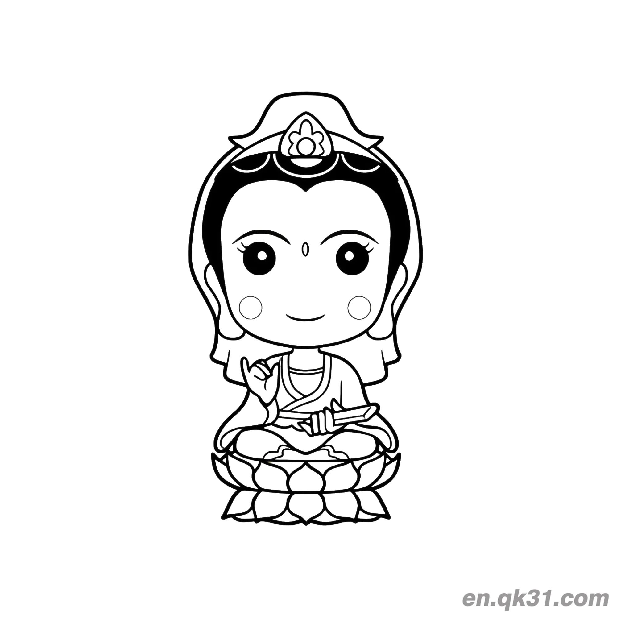 免费 中国新年涂色页：卡通观音菩萨 简笔画涂色页