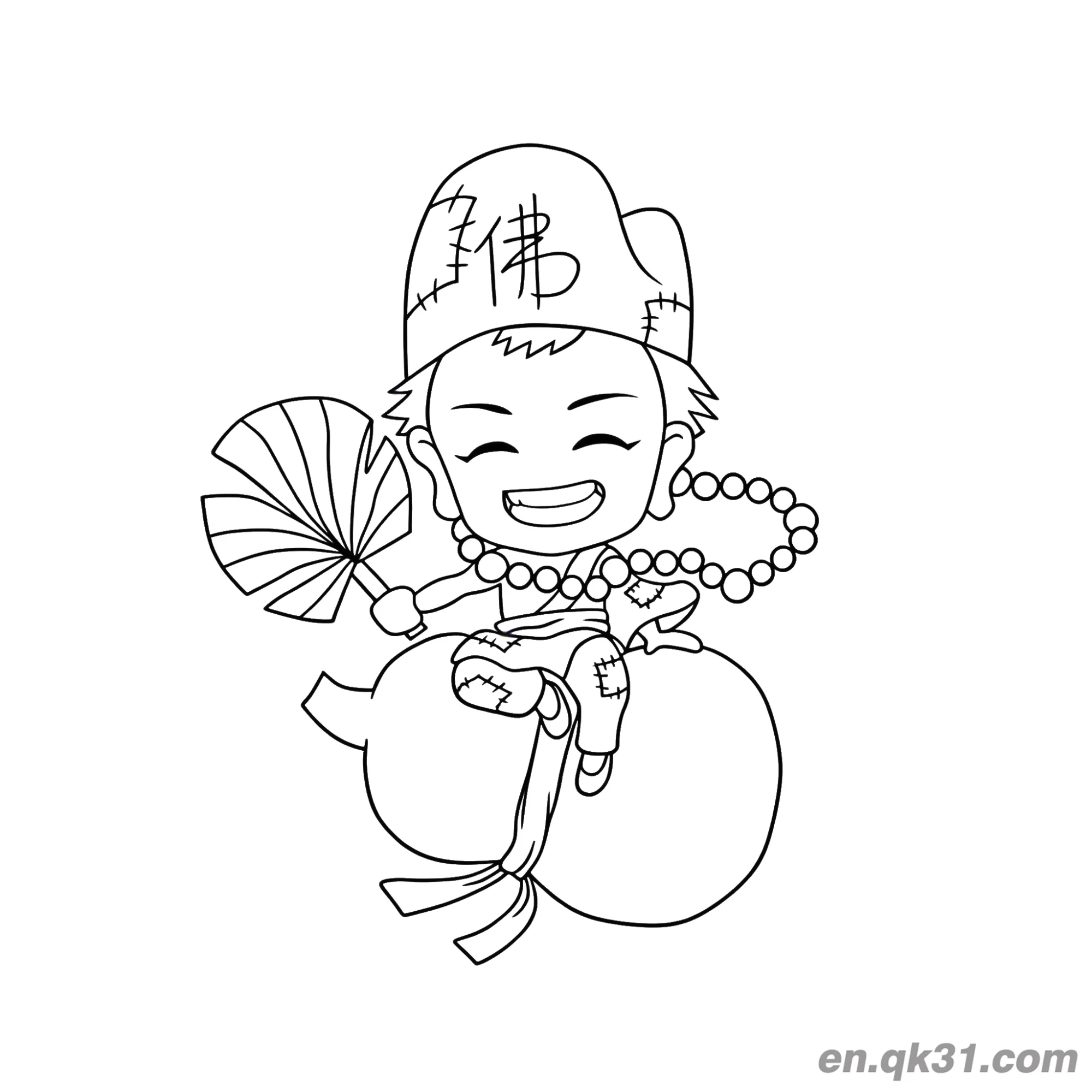 免费 中国新年涂色页：葫芦上的卡通济公 简笔画涂色页