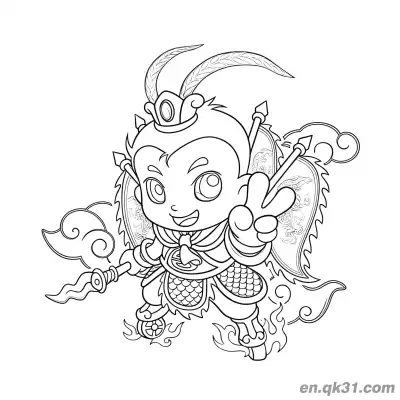 中国新年涂色页：卡通孙悟空 – 免费可打印简笔画涂色画