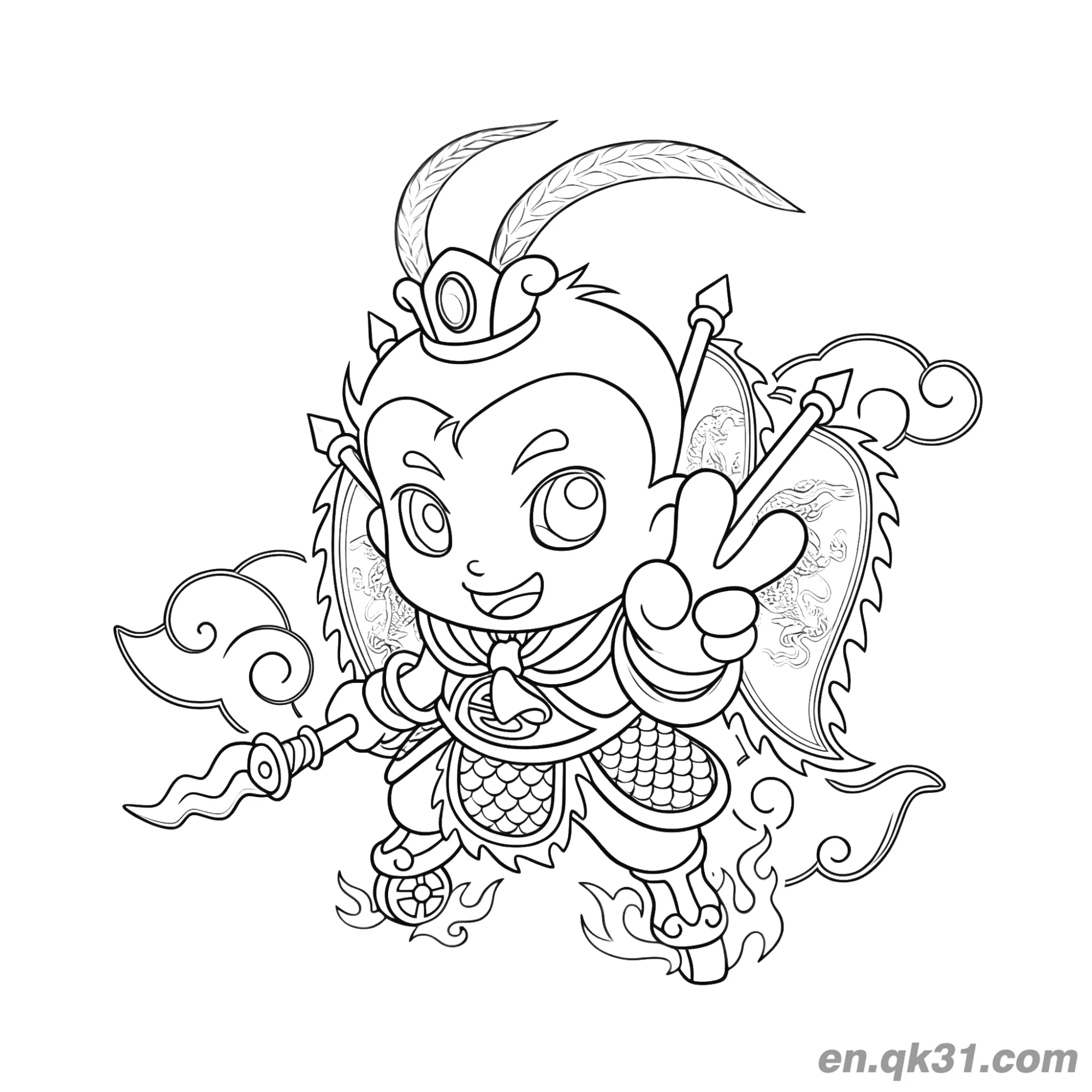 免费 中国新年涂色页：卡通孙悟空 简笔画涂色页