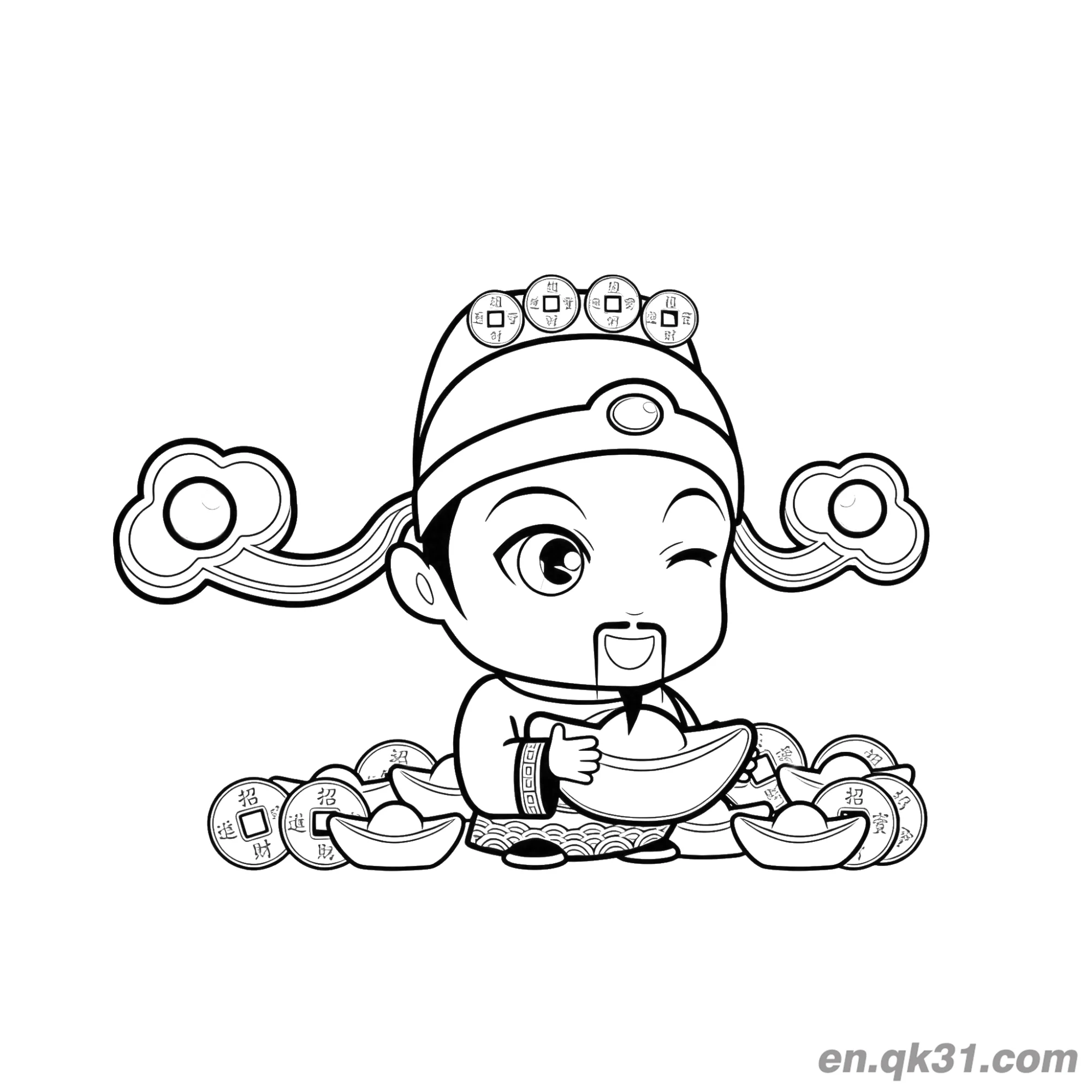 免费 中国新年涂色页：Q版财神坐在硬币上 简笔画涂色页