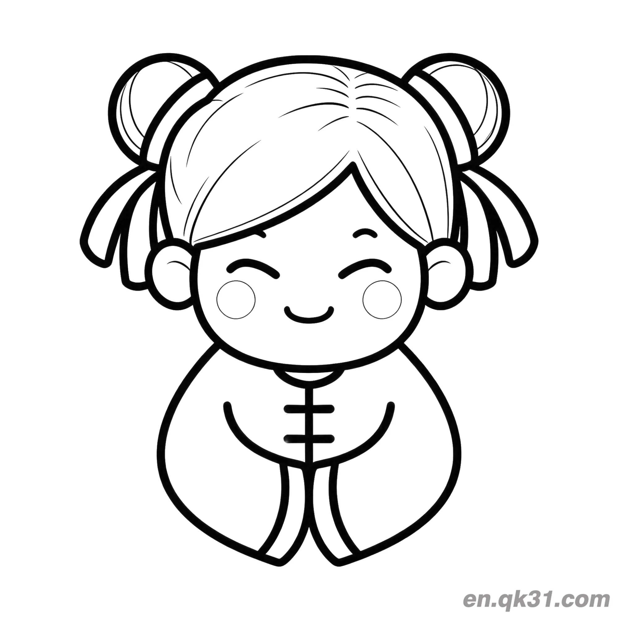 免费 中国新年涂色页：穿唐装的可爱女孩 简笔画涂色页