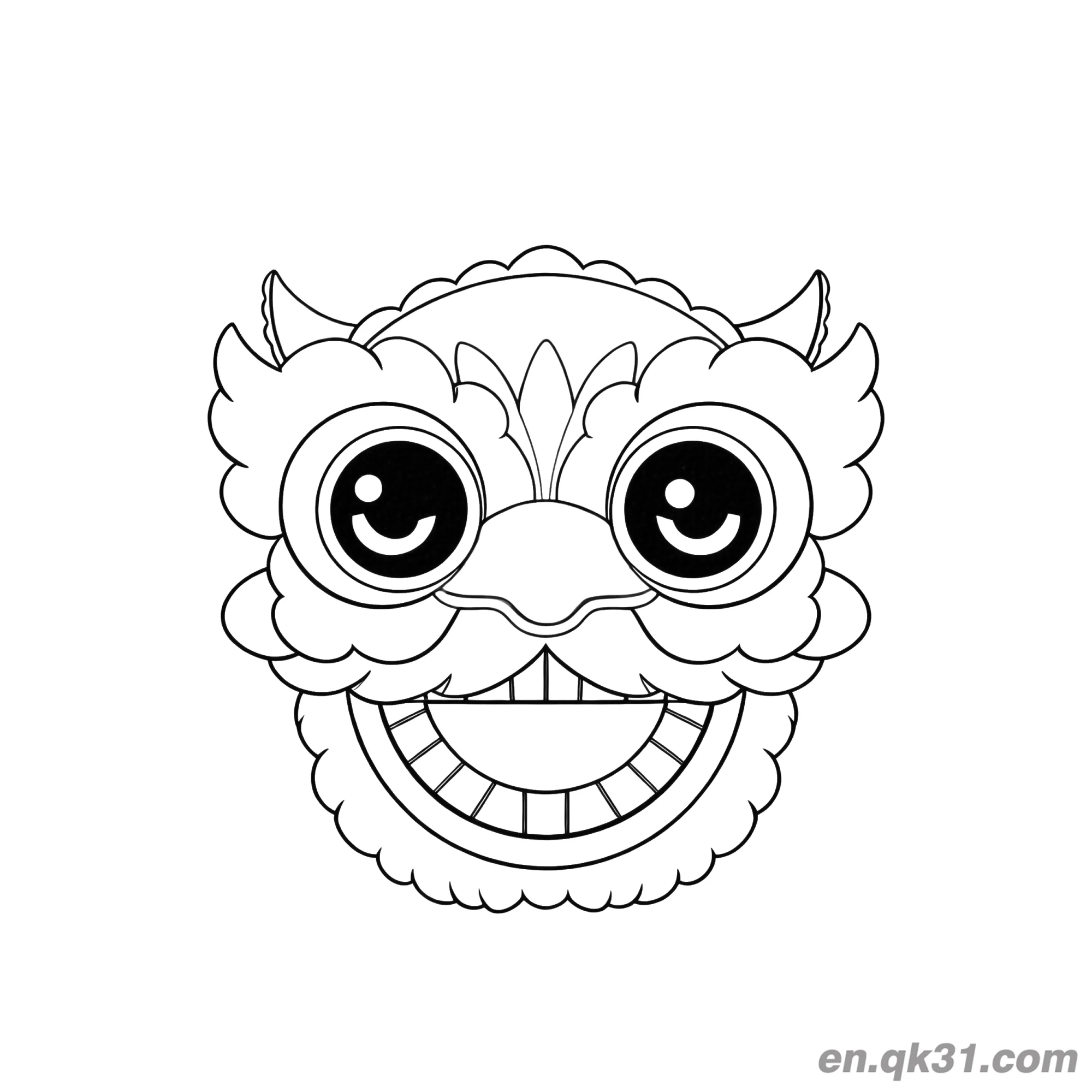 免费 中国新年涂色页：可爱舞狮头 简笔画涂色页