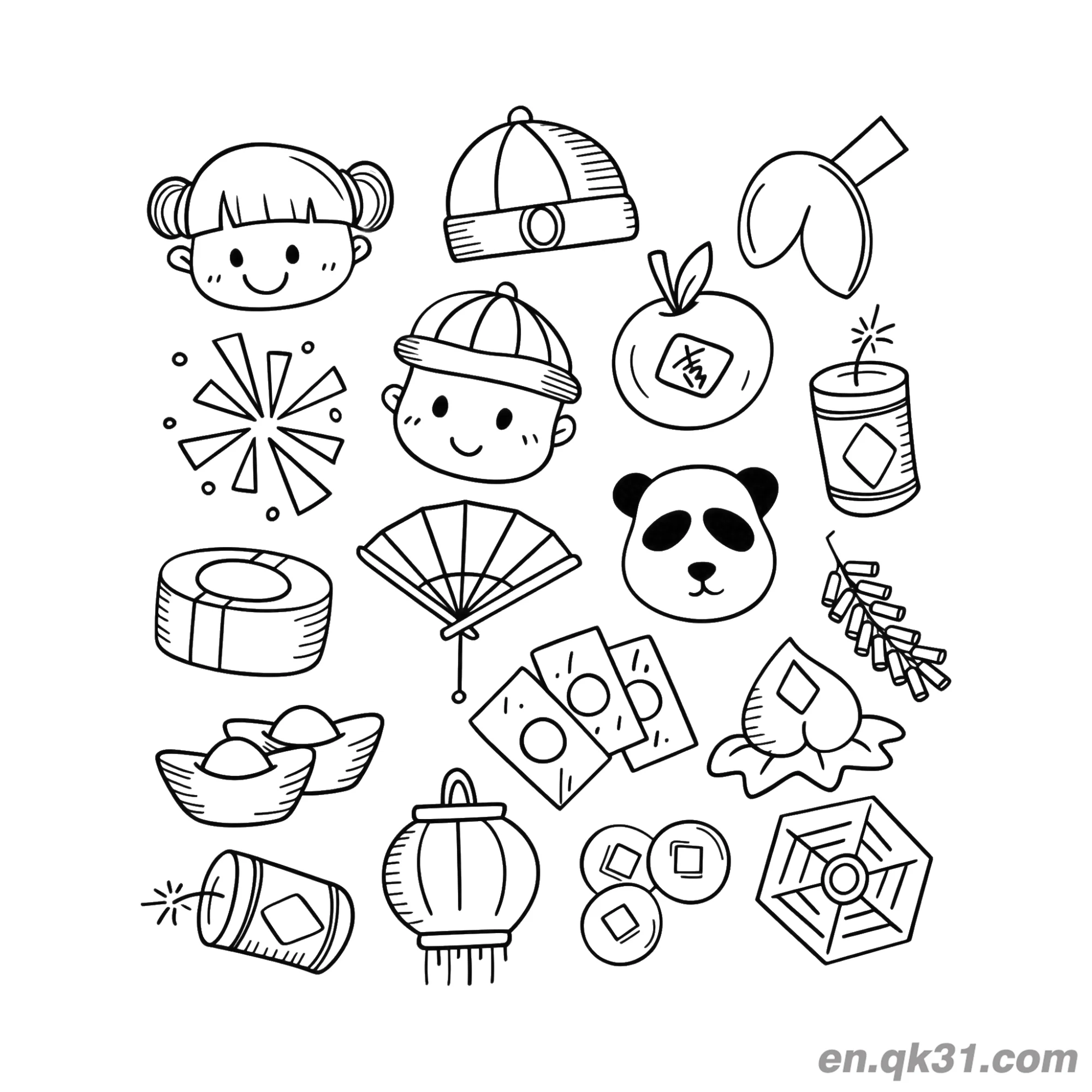 免费 中国新年涂色页：涂鸦元素集合 简笔画涂色页