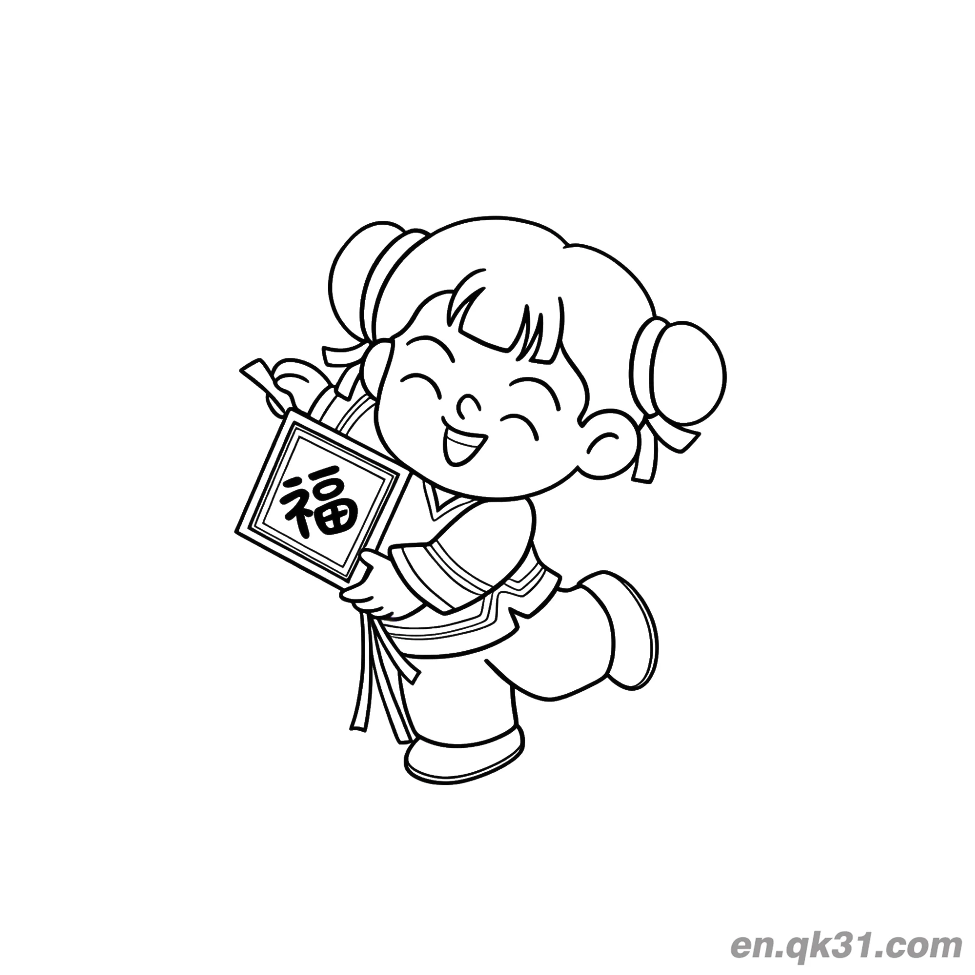 免费 中国新年涂色页：女孩手持福字 简笔画涂色页