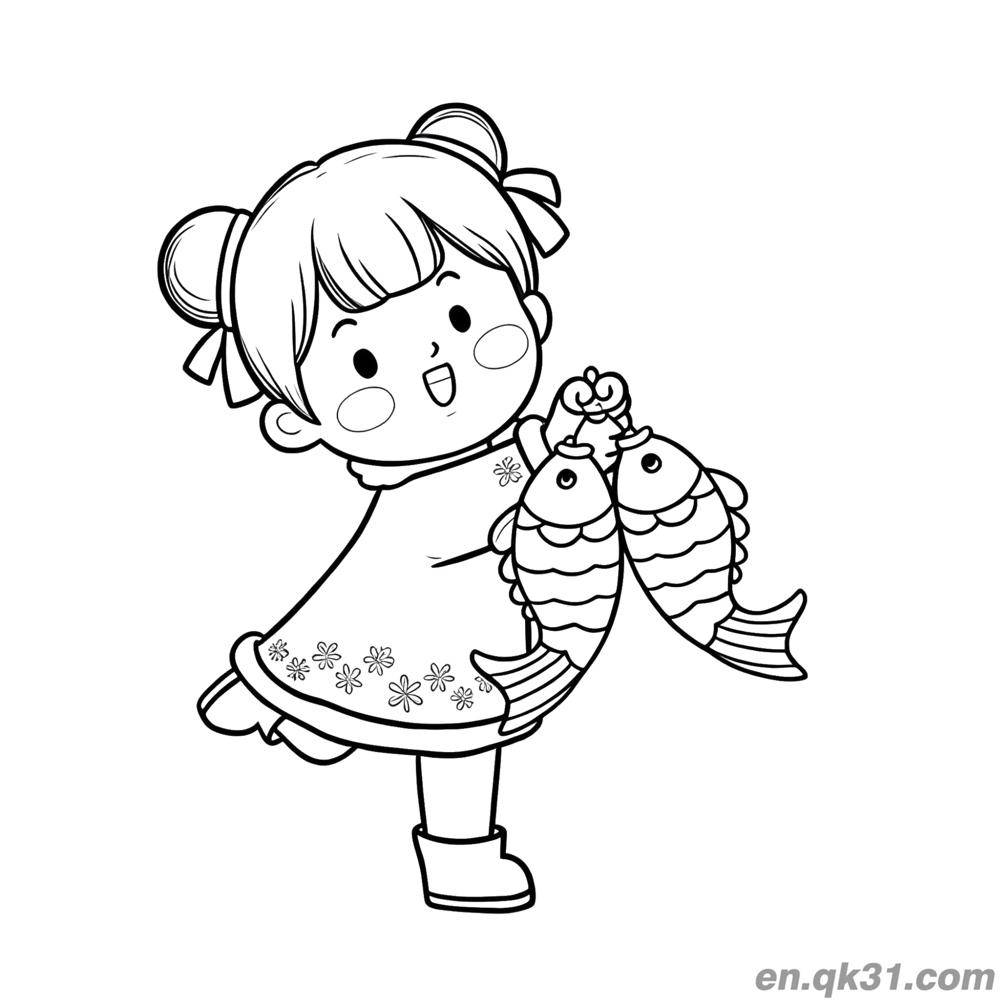 免费 中国新年涂色页：女孩手持两条鱼 简笔画涂色页