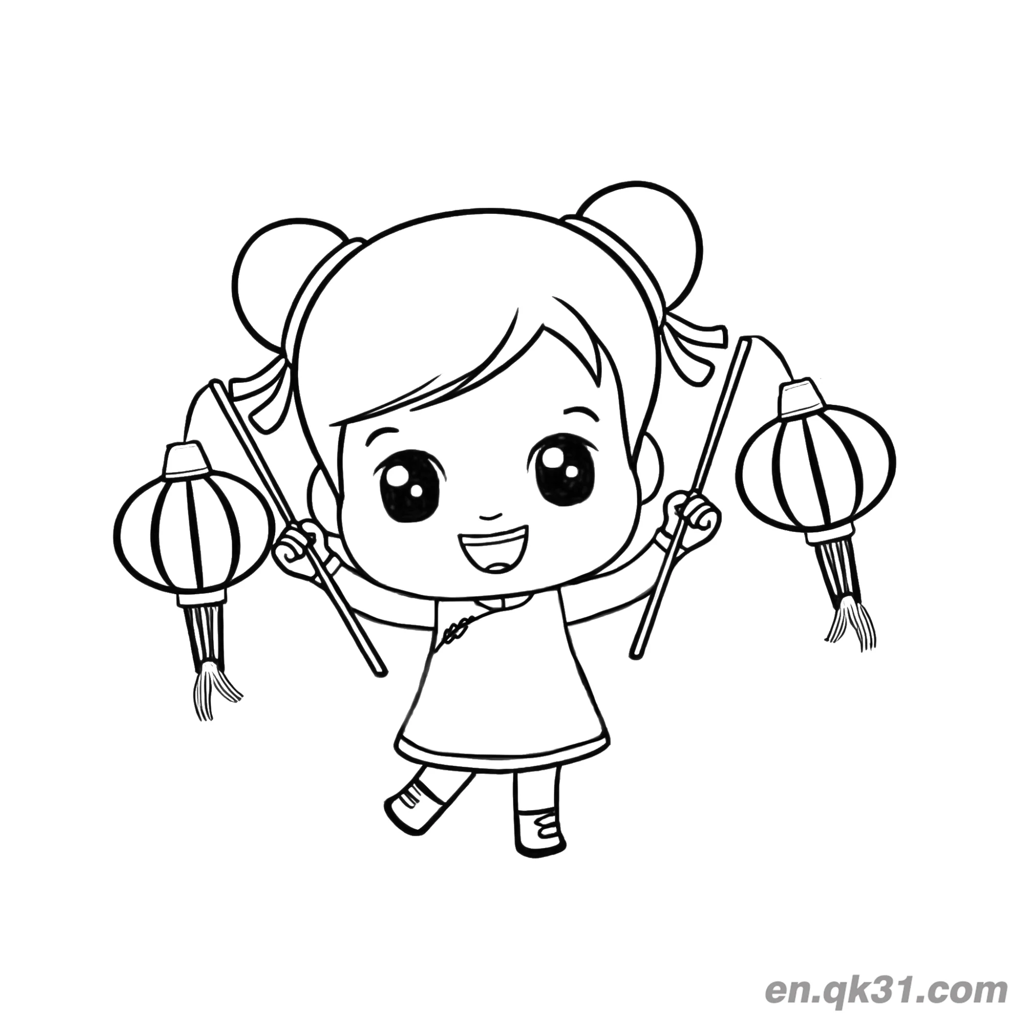免费 中国新年涂色页：女孩手持两个灯笼 简笔画涂色页